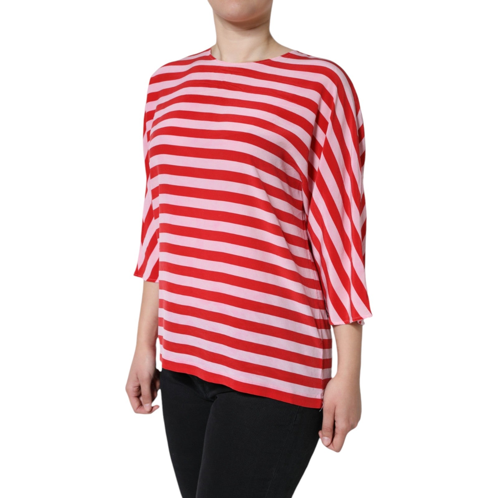 Dolce & Gabbana White Red Striped Silk Round Neck Women's T-shirt (Pre-Owned)