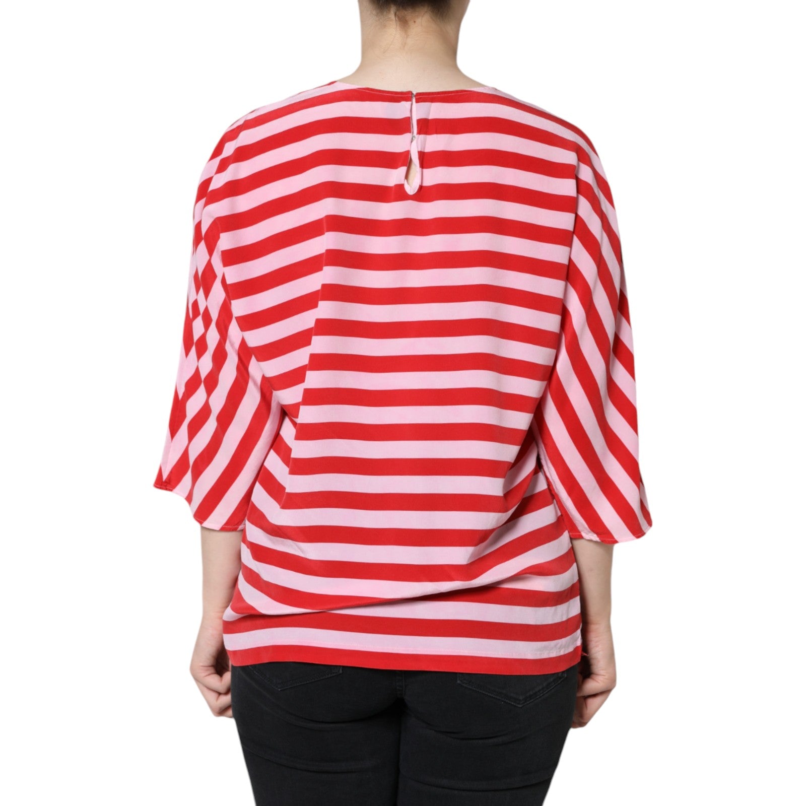 Dolce & Gabbana White Red Striped Silk Round Neck Women's T-shirt (Pre-Owned)