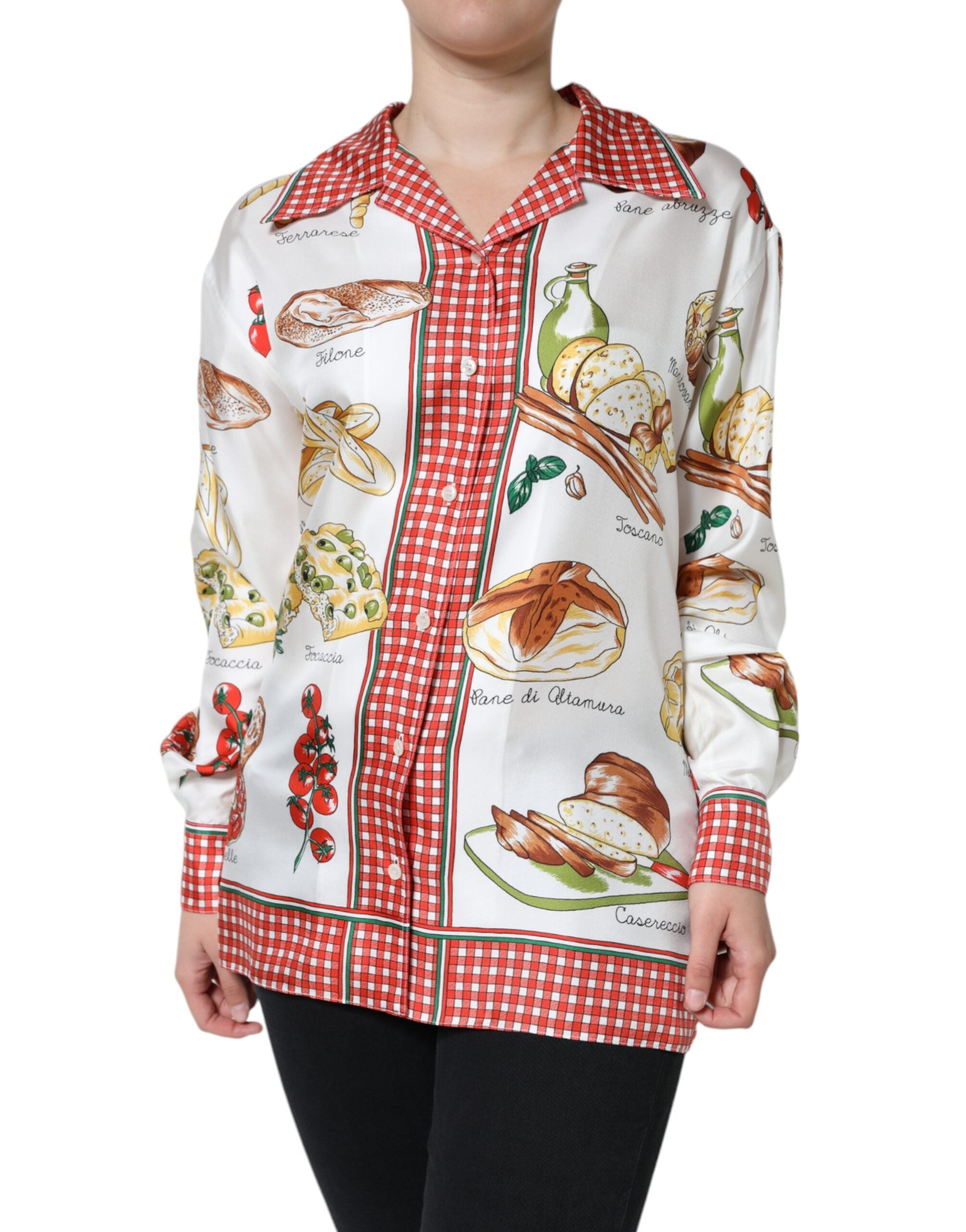 Dolce & Gabbana Multicolor Bread Print Collared Blouse Women's Top (Pre-Owned)