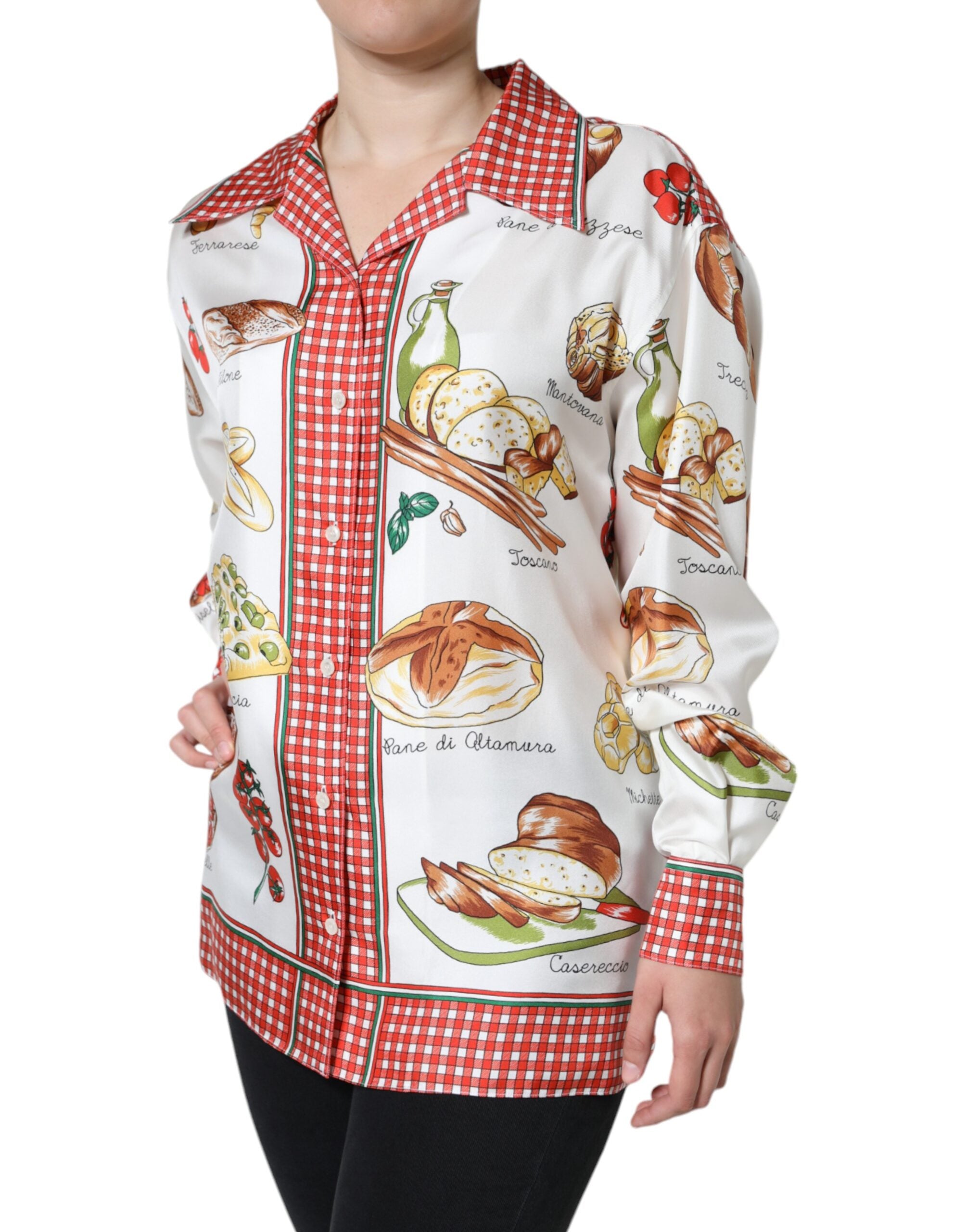 Dolce & Gabbana Multicolor Bread Print Collared Blouse Women's Top (Pre-Owned)
