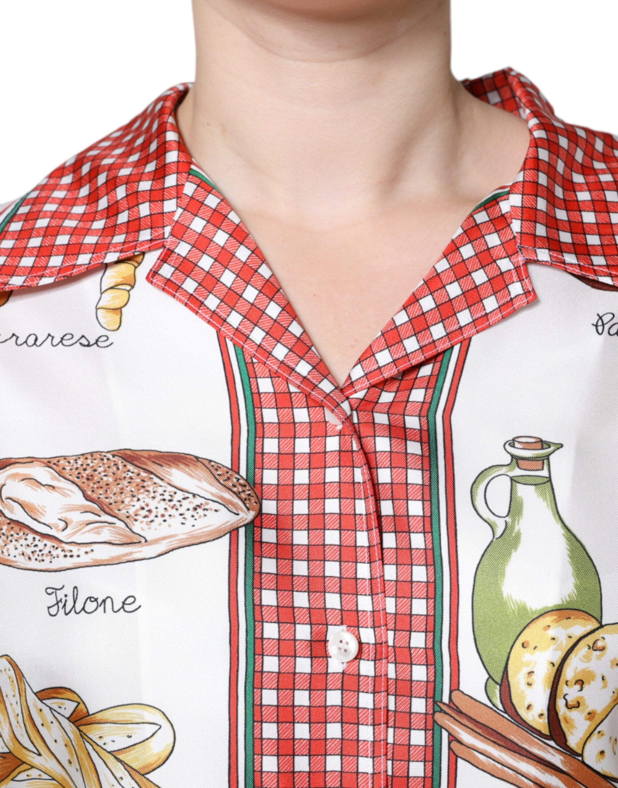 Dolce & Gabbana Multicolor Bread Print Collared Blouse Women's Top (Pre-Owned)