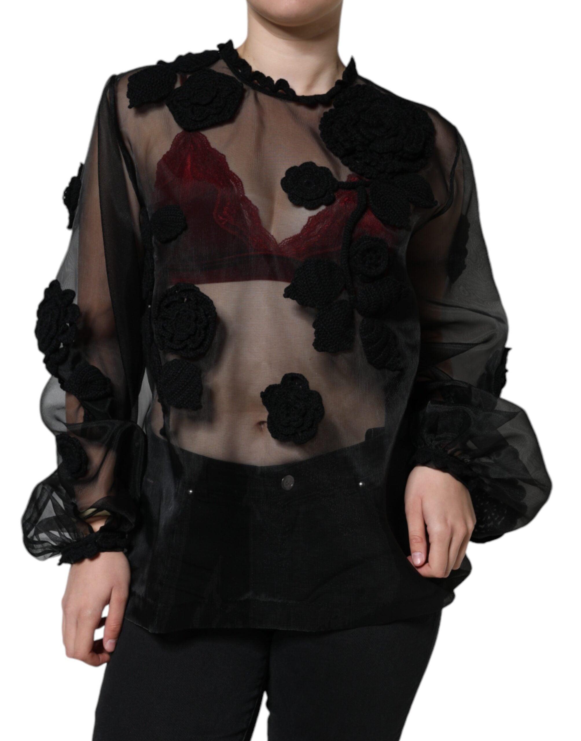 Dolce & Gabbana Black Nylon Mesh Transparent Floral Women's Blouse