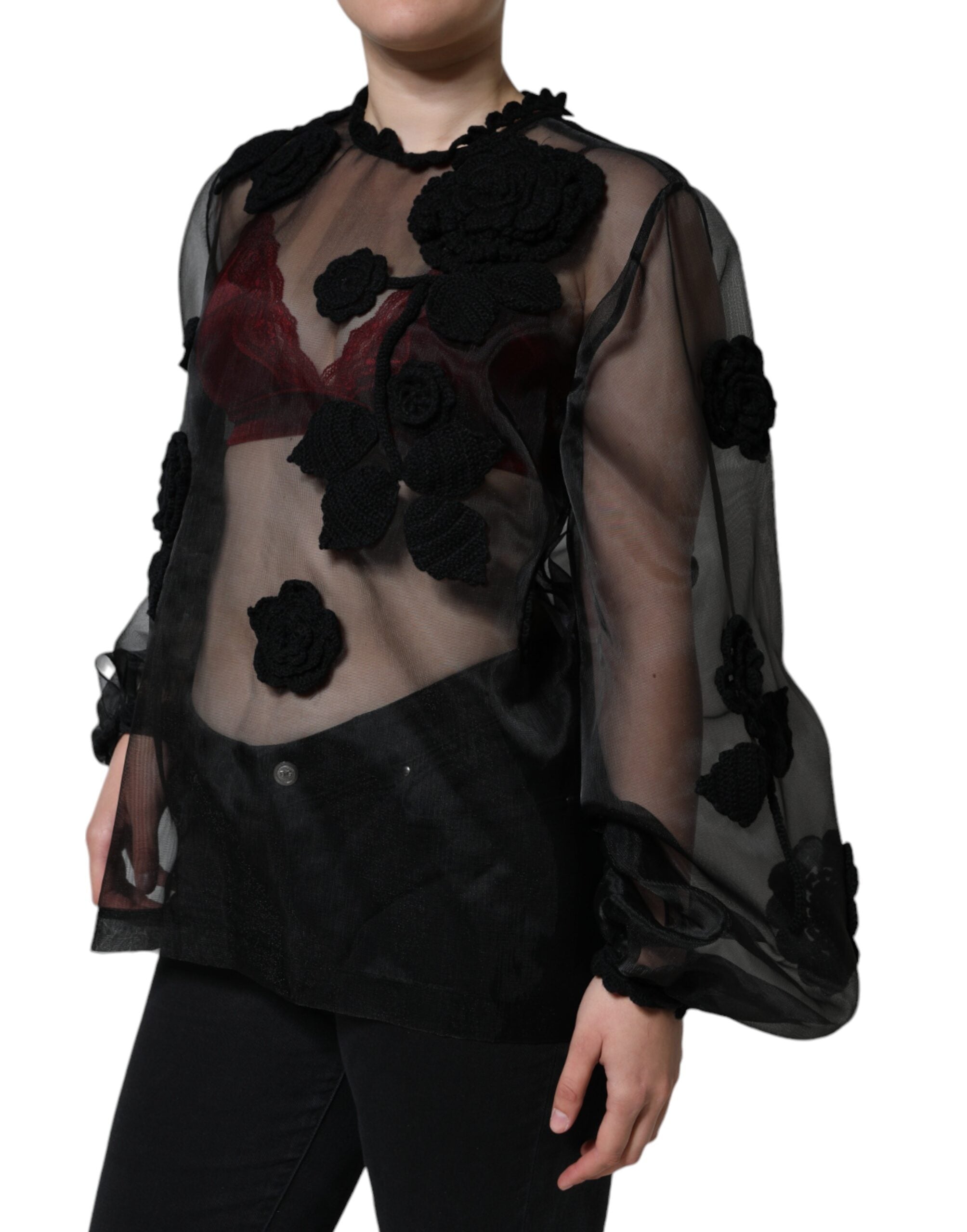 Dolce & Gabbana Black Nylon Mesh Transparent Floral Women's Blouse