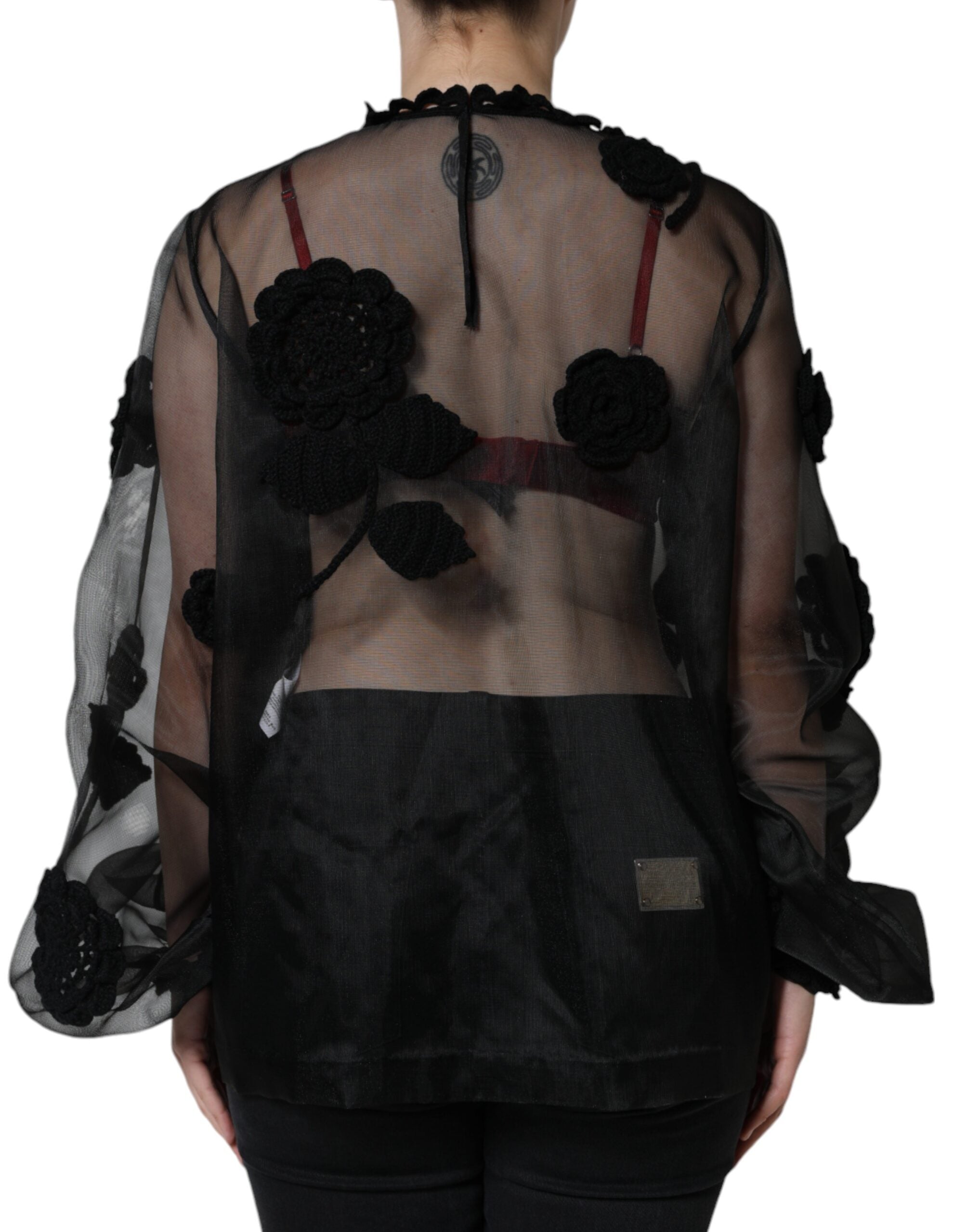 Dolce & Gabbana Black Nylon Mesh Transparent Floral Women's Blouse