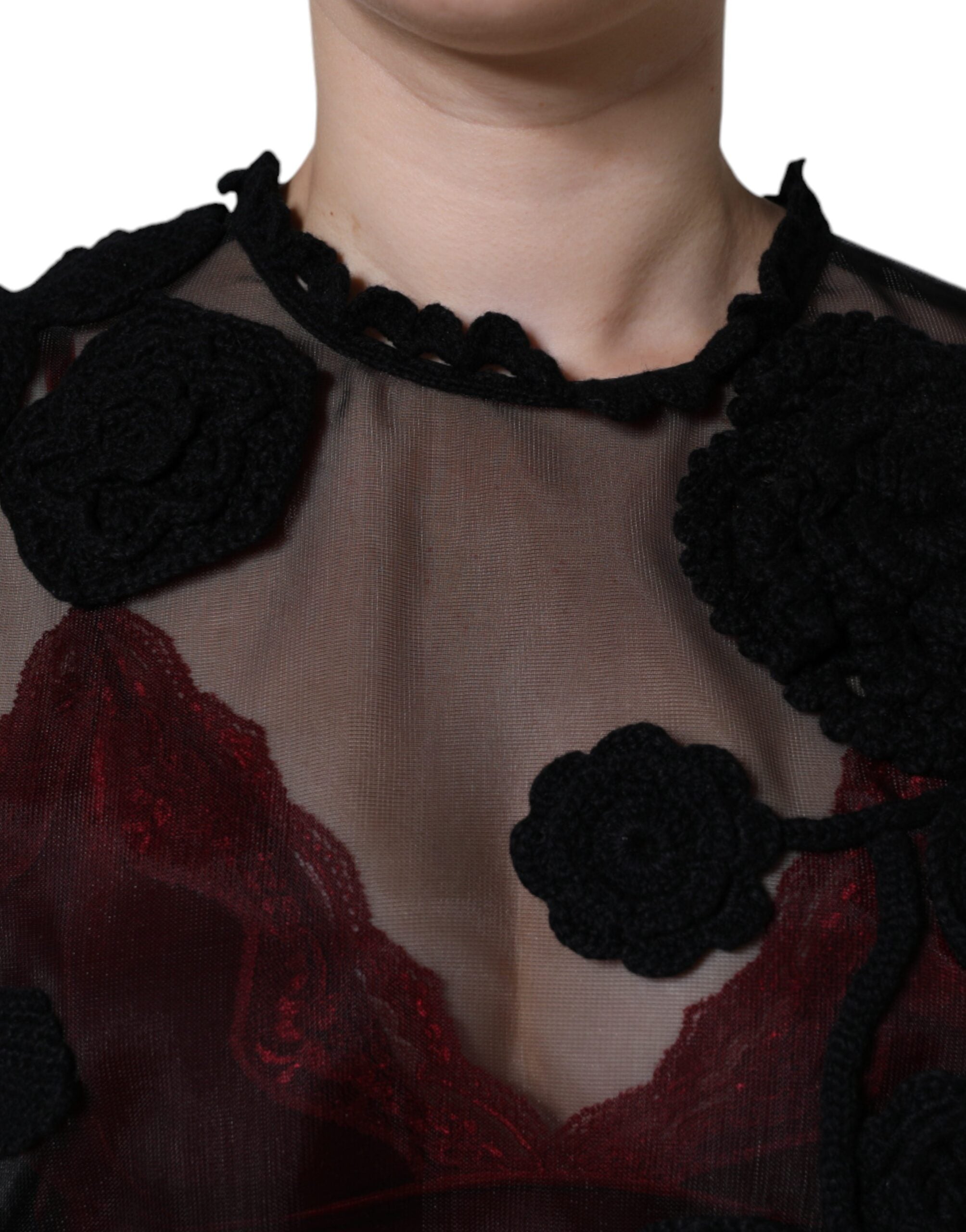 Dolce & Gabbana Black Nylon Mesh Transparent Floral Women's Blouse