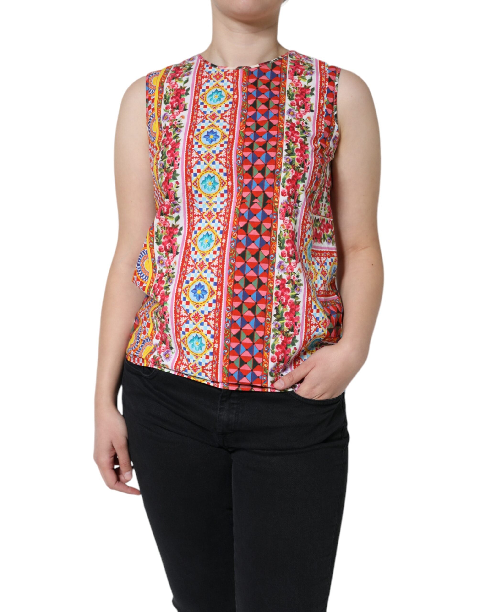 Dolce & Gabbana Multicolor Cotton Carretto Floral Tank Women's Top (Pre-Owned)