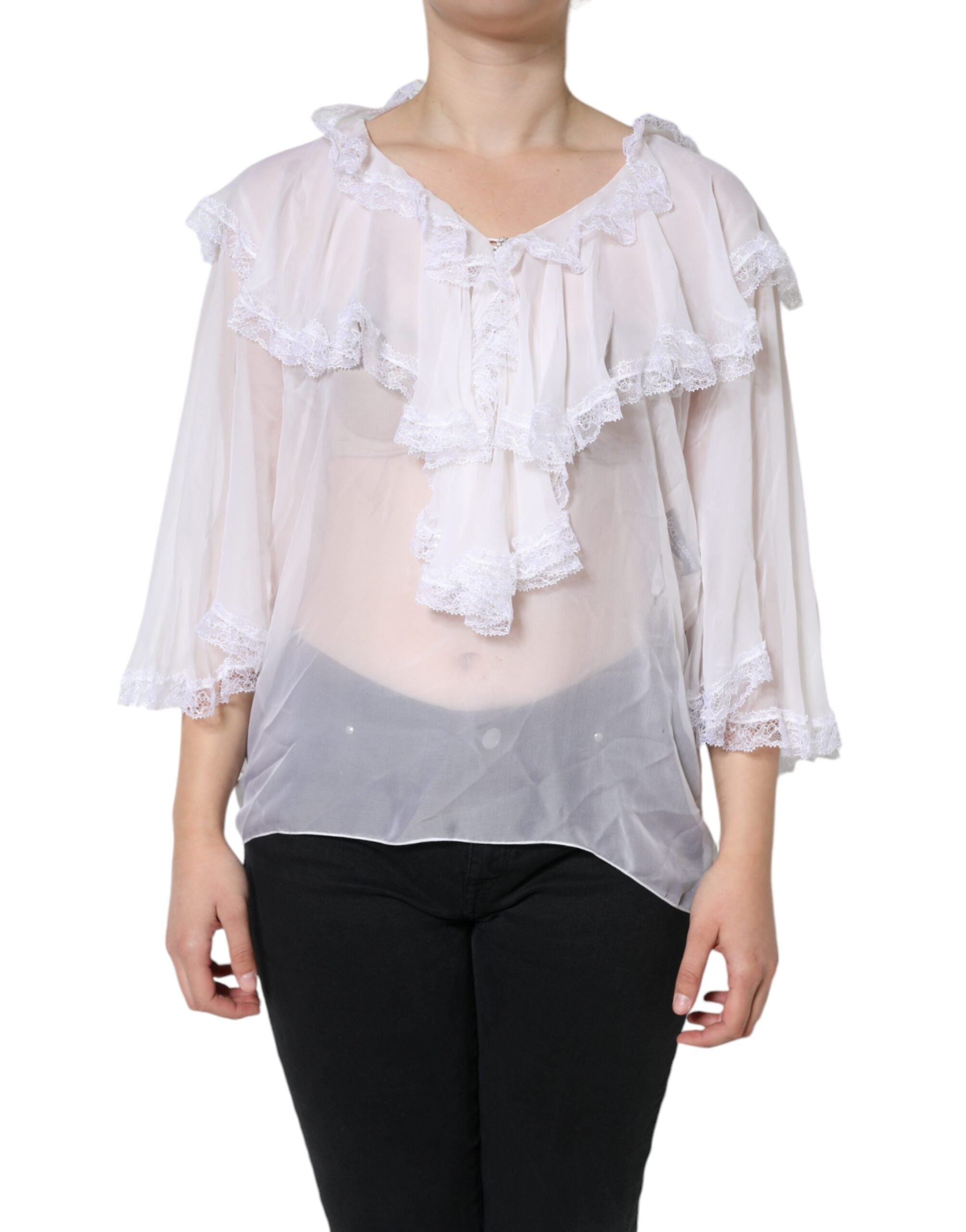 Dolce & Gabbana White Ruffles Lace Long Sleeve Blouse Women's Top