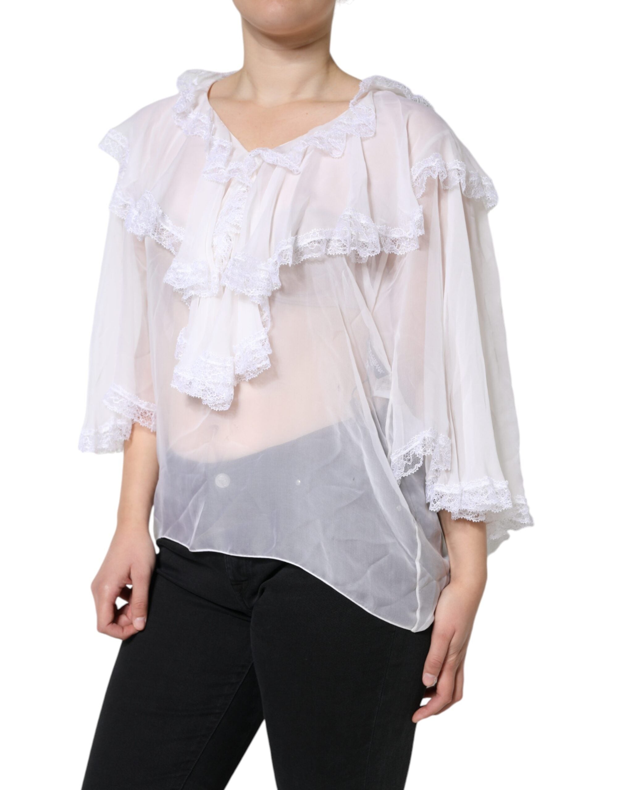 Dolce & Gabbana White Ruffles Lace Long Sleeve Blouse Women's Top