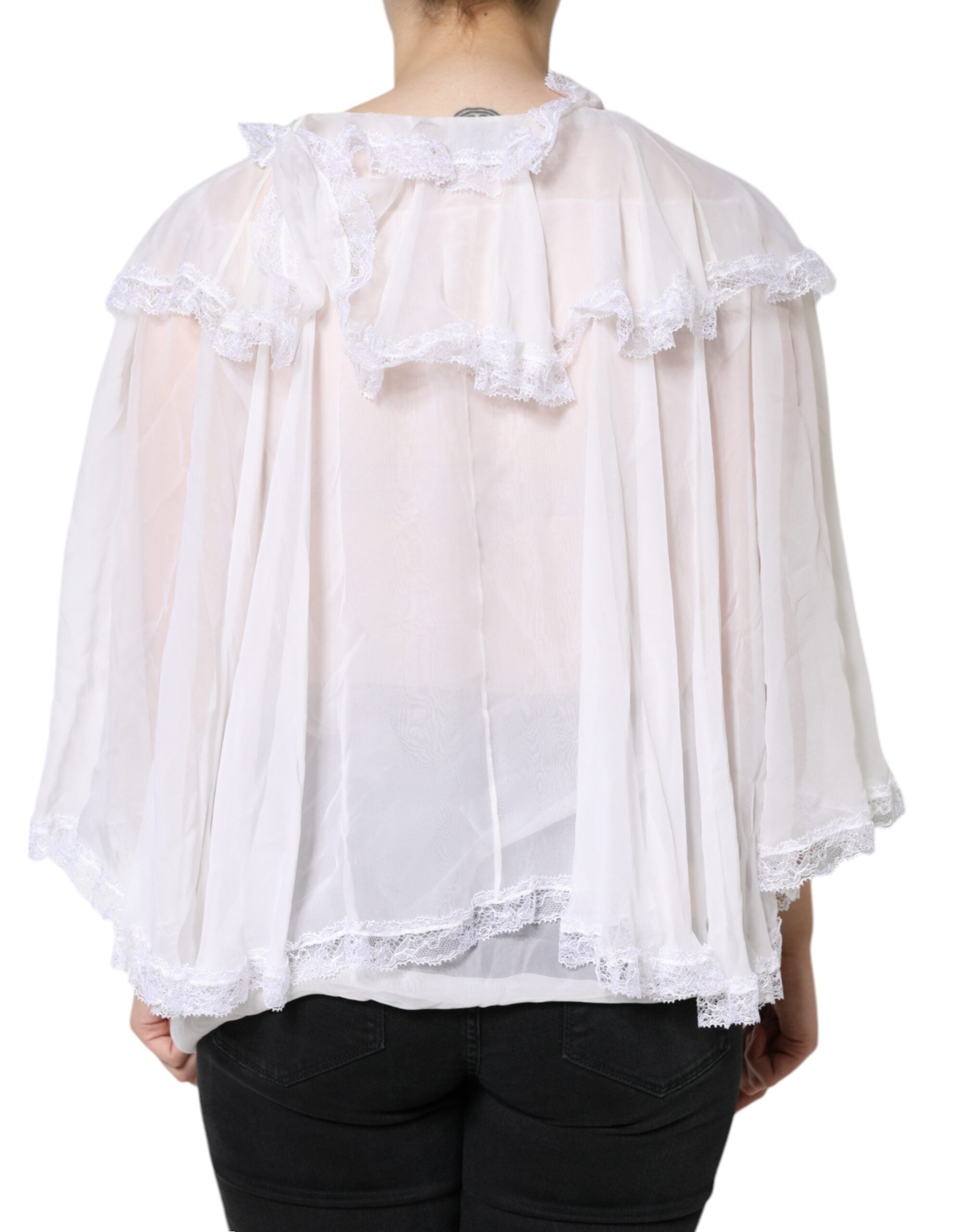 Dolce & Gabbana White Ruffles Lace Long Sleeve Blouse Women's Top