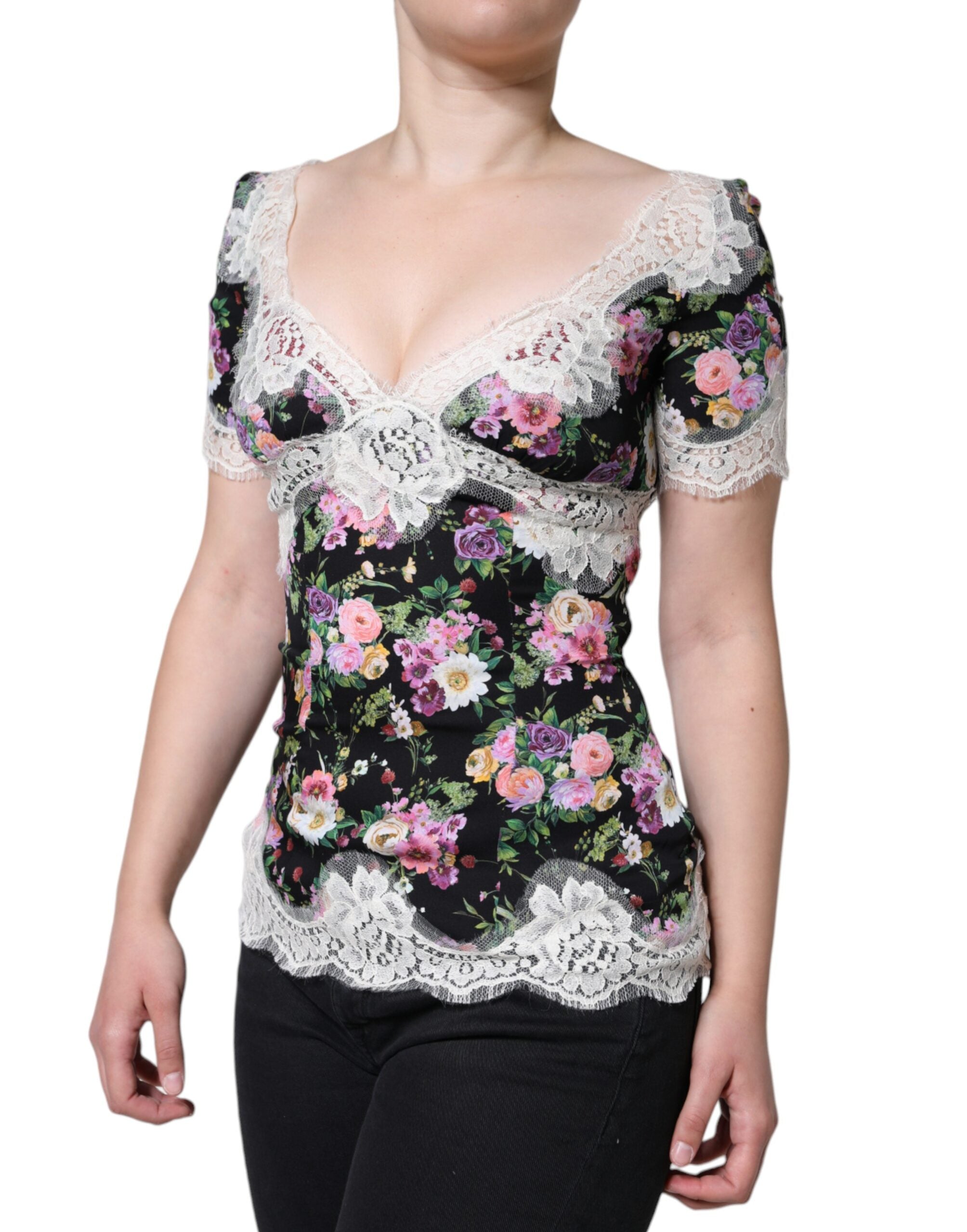 Dolce & Gabbana Black Floral Lace Short Sleeves Blouse Women's Top