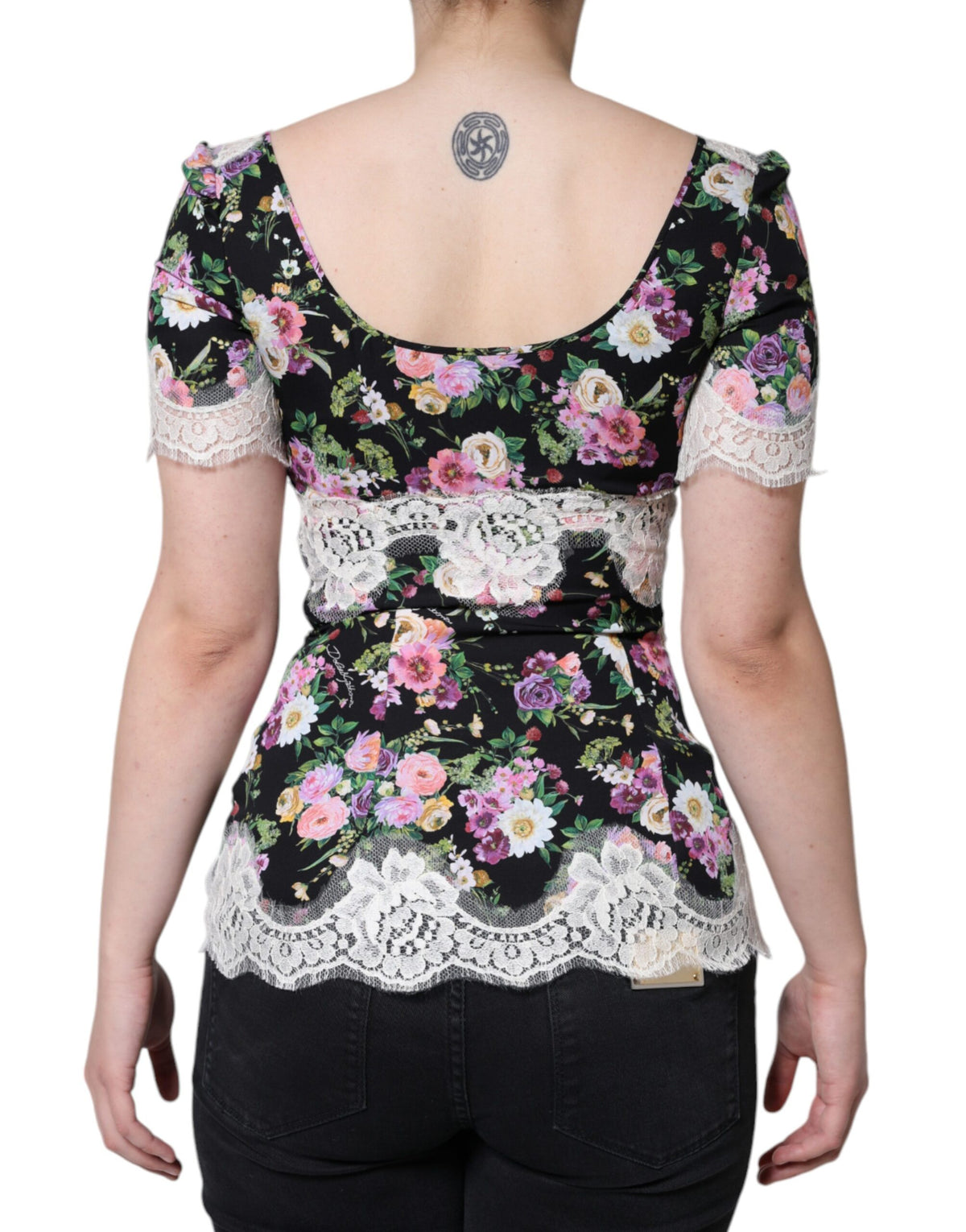 Dolce & Gabbana Black Floral Lace Short Sleeves Blouse Women's Top