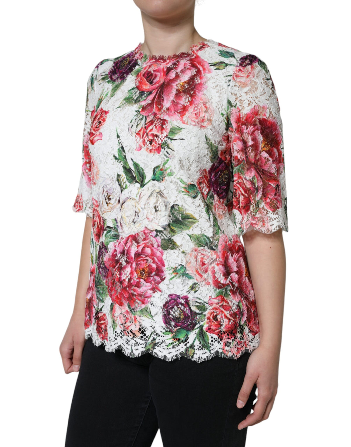 Dolce & Gabbana White Peony Lace Short Sleeves Blouse Women's Top