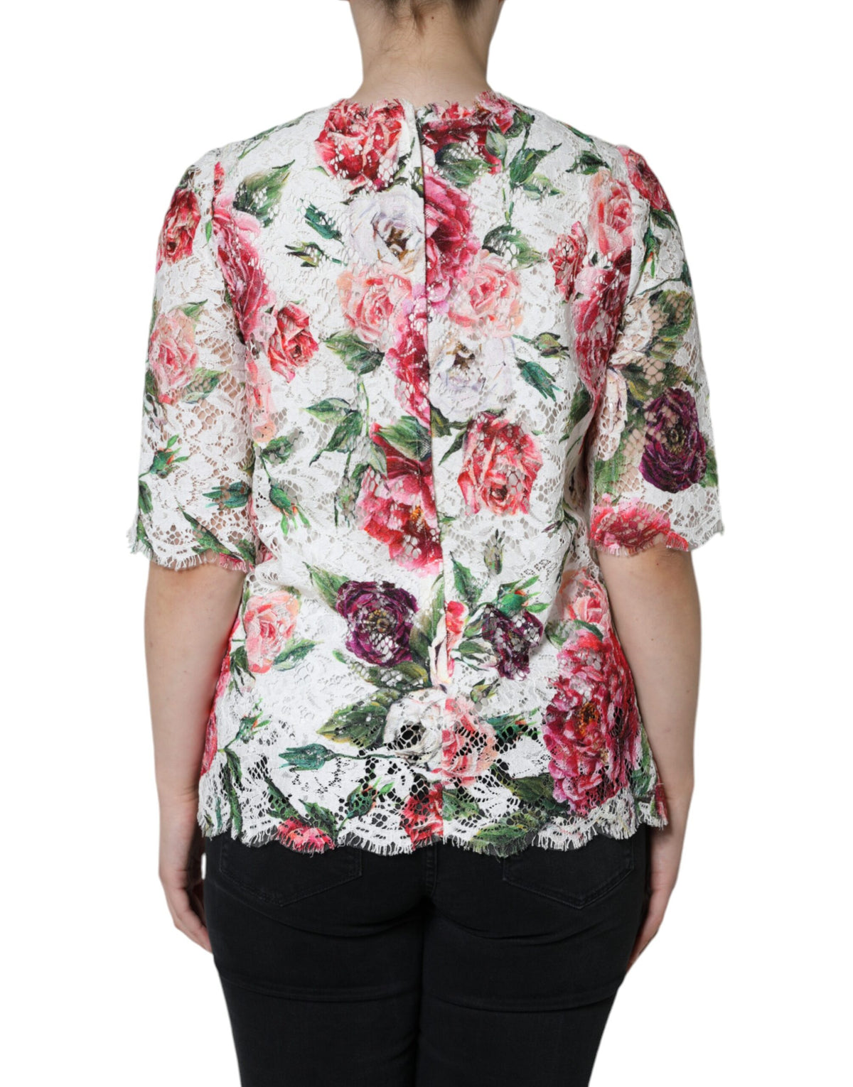 Dolce & Gabbana White Peony Lace Short Sleeves Blouse Women's Top