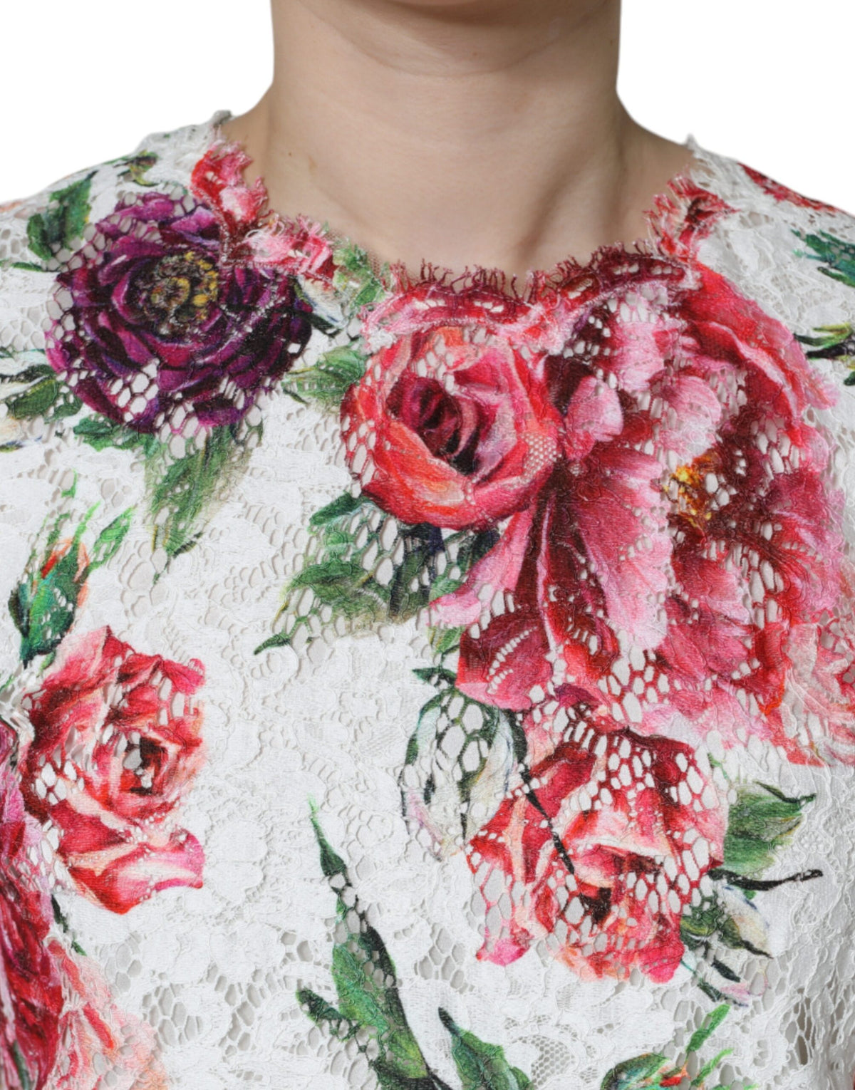 Dolce & Gabbana White Peony Lace Short Sleeves Blouse Women's Top
