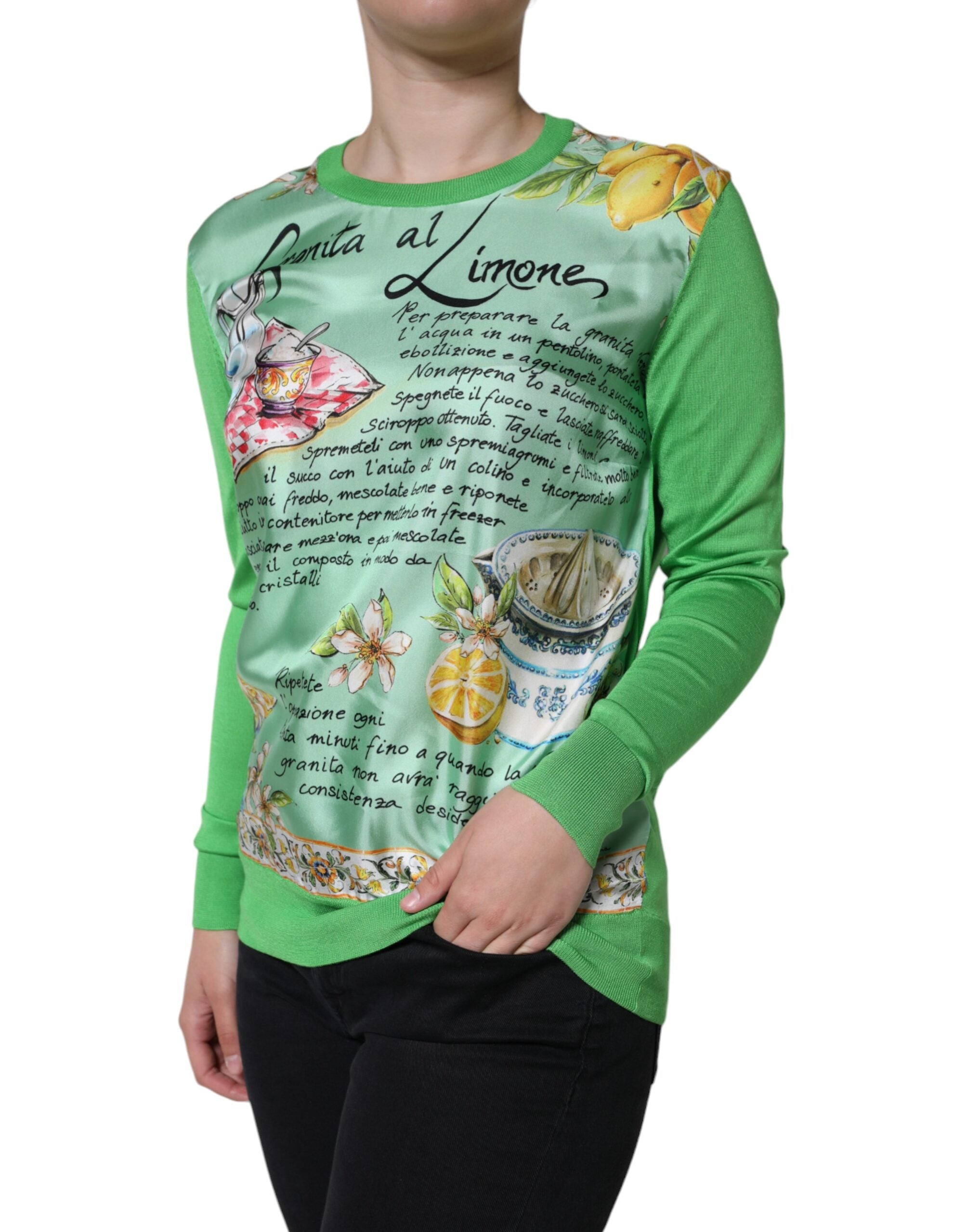 Dolce & Gabbana Green Silk Granita Al Limone Long Sleeves Women's Sweater (Pre-Owned)