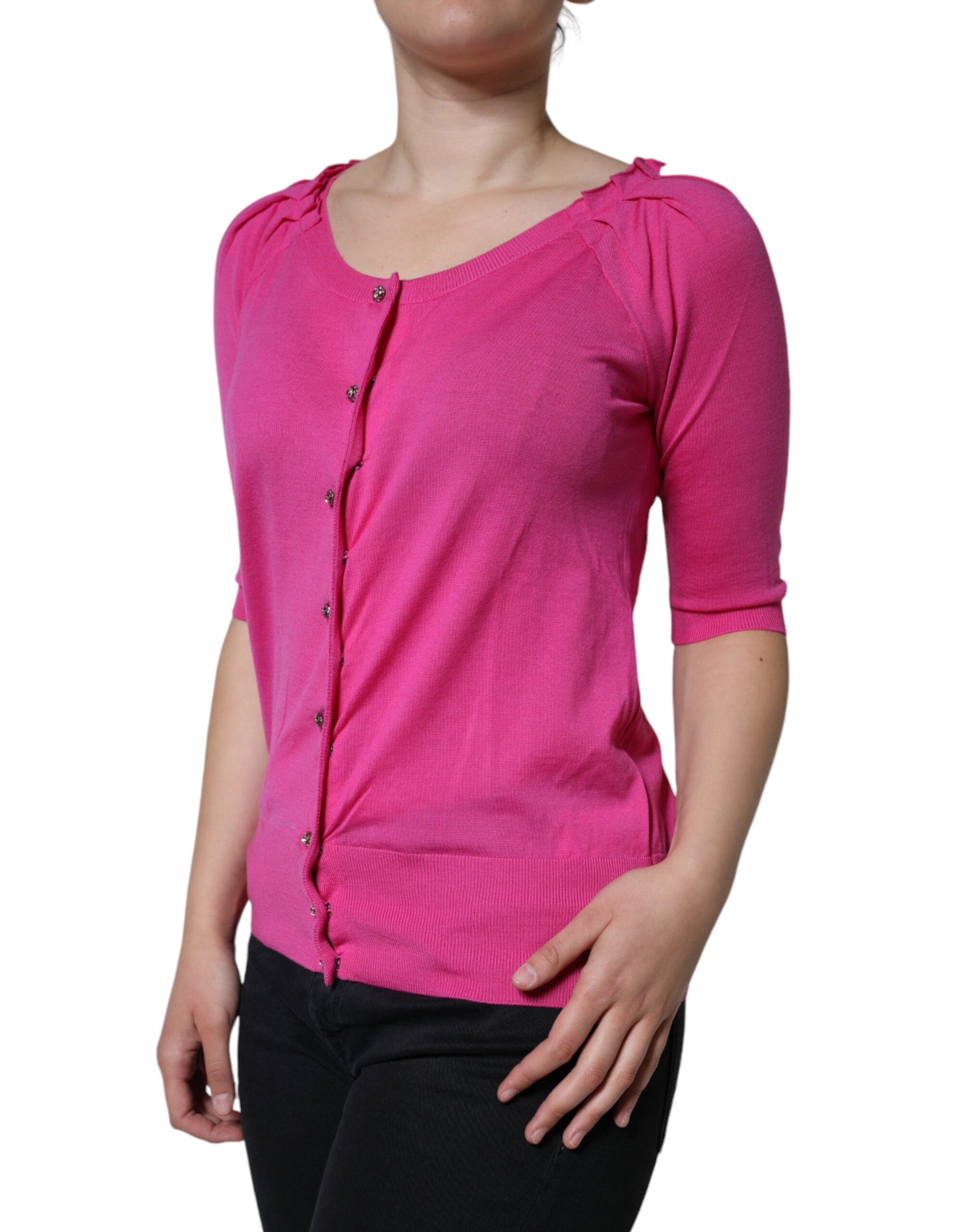 Dolce & Gabbana Pink Wool Button Down Short Sleeve Blouse Women's Top