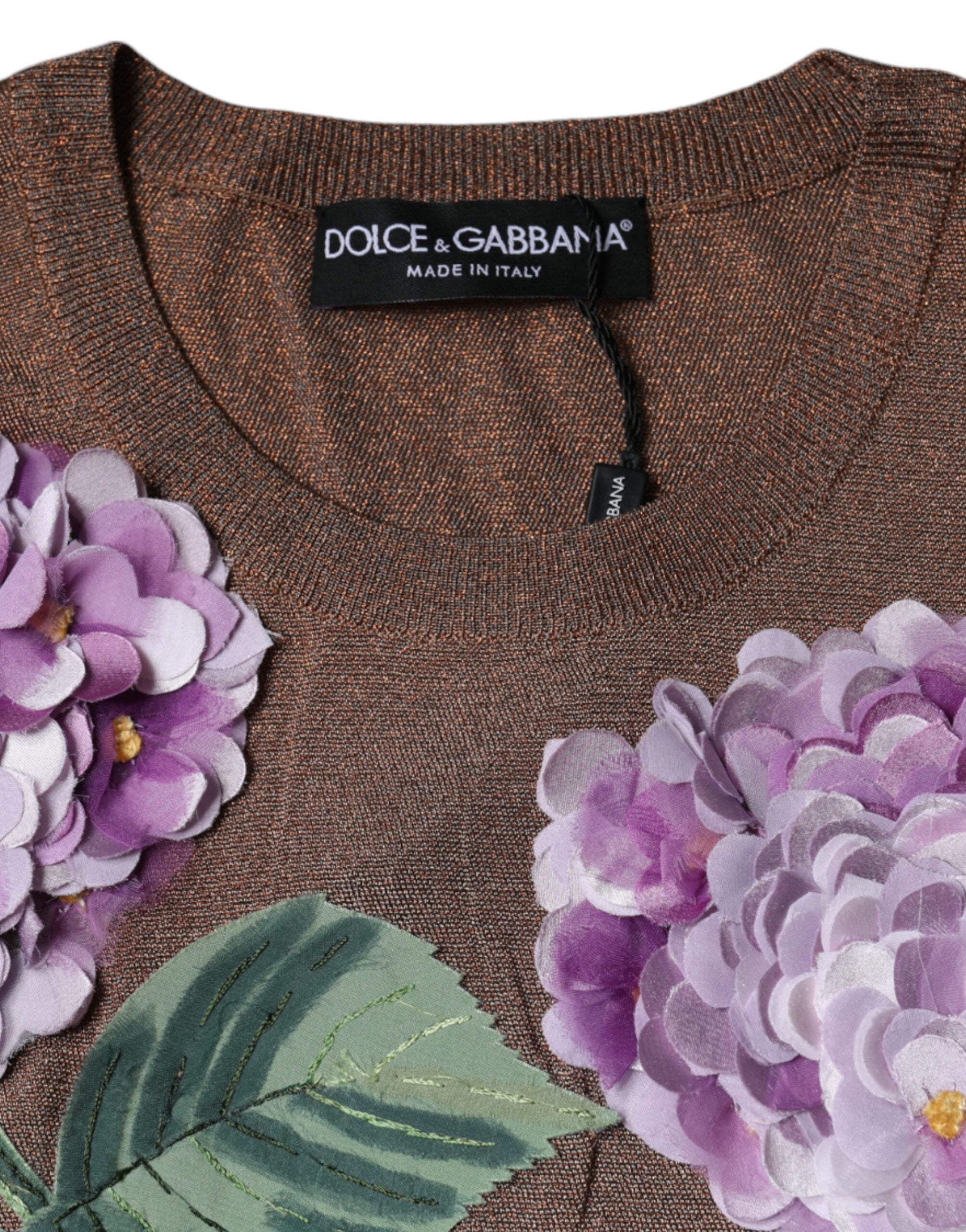 Dolce & Gabbana Brown Floral Applique Viscose Short Sleeve Women's Top (Pre-Owned)