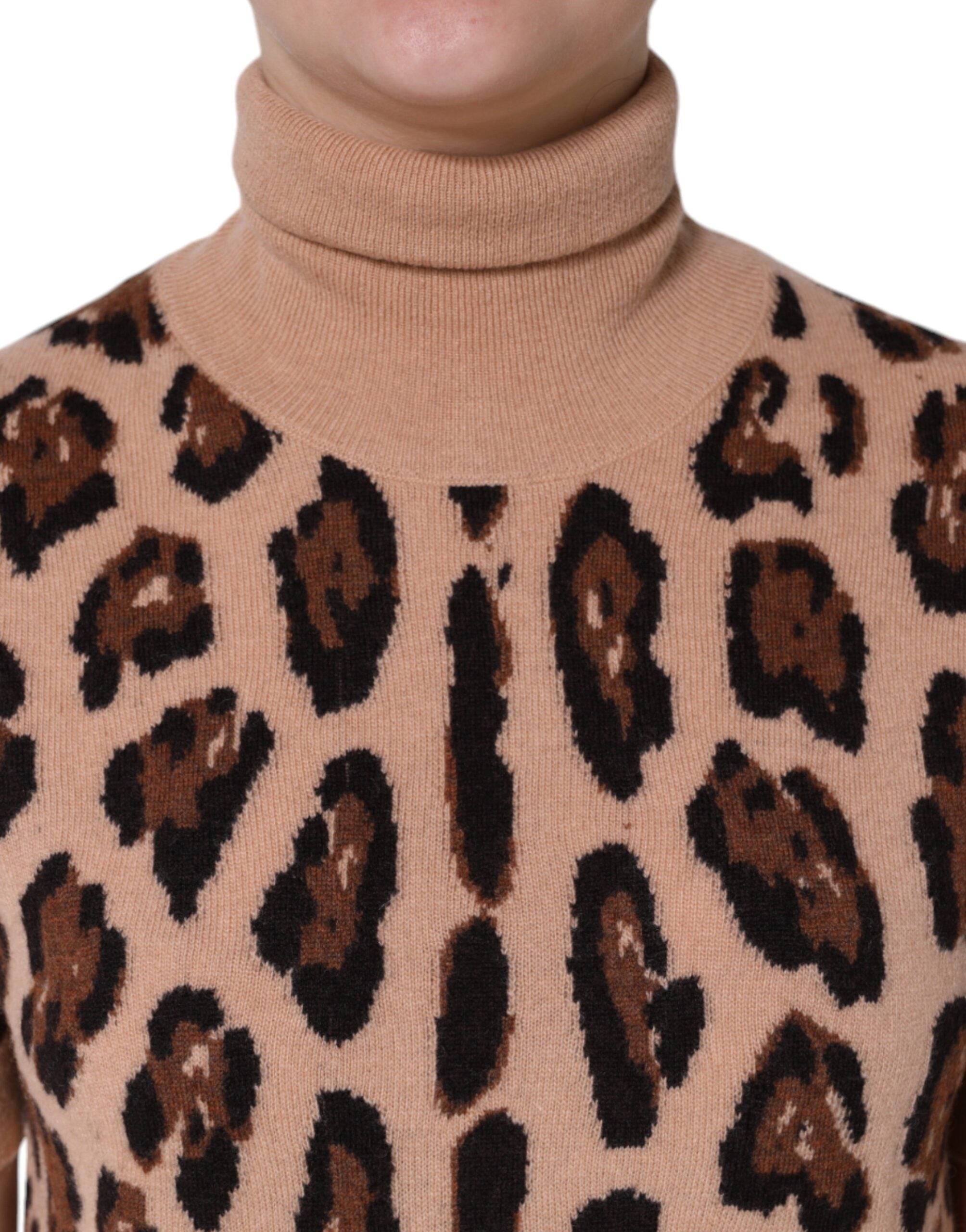 Dolce & Gabbana Beige Leopard Print Wool Turtleneck Women's Top