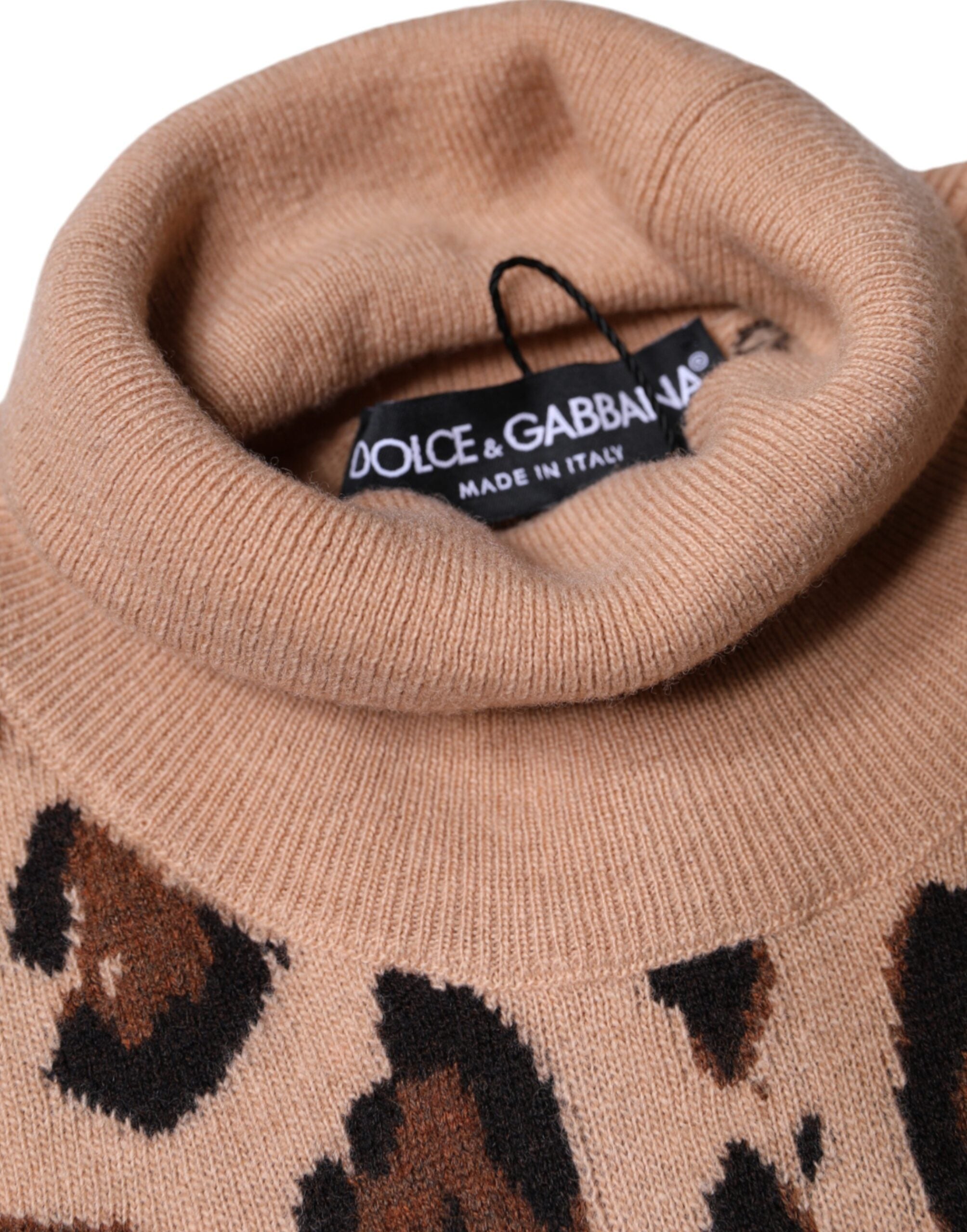 Dolce & Gabbana Beige Leopard Print Wool Turtleneck Women's Top