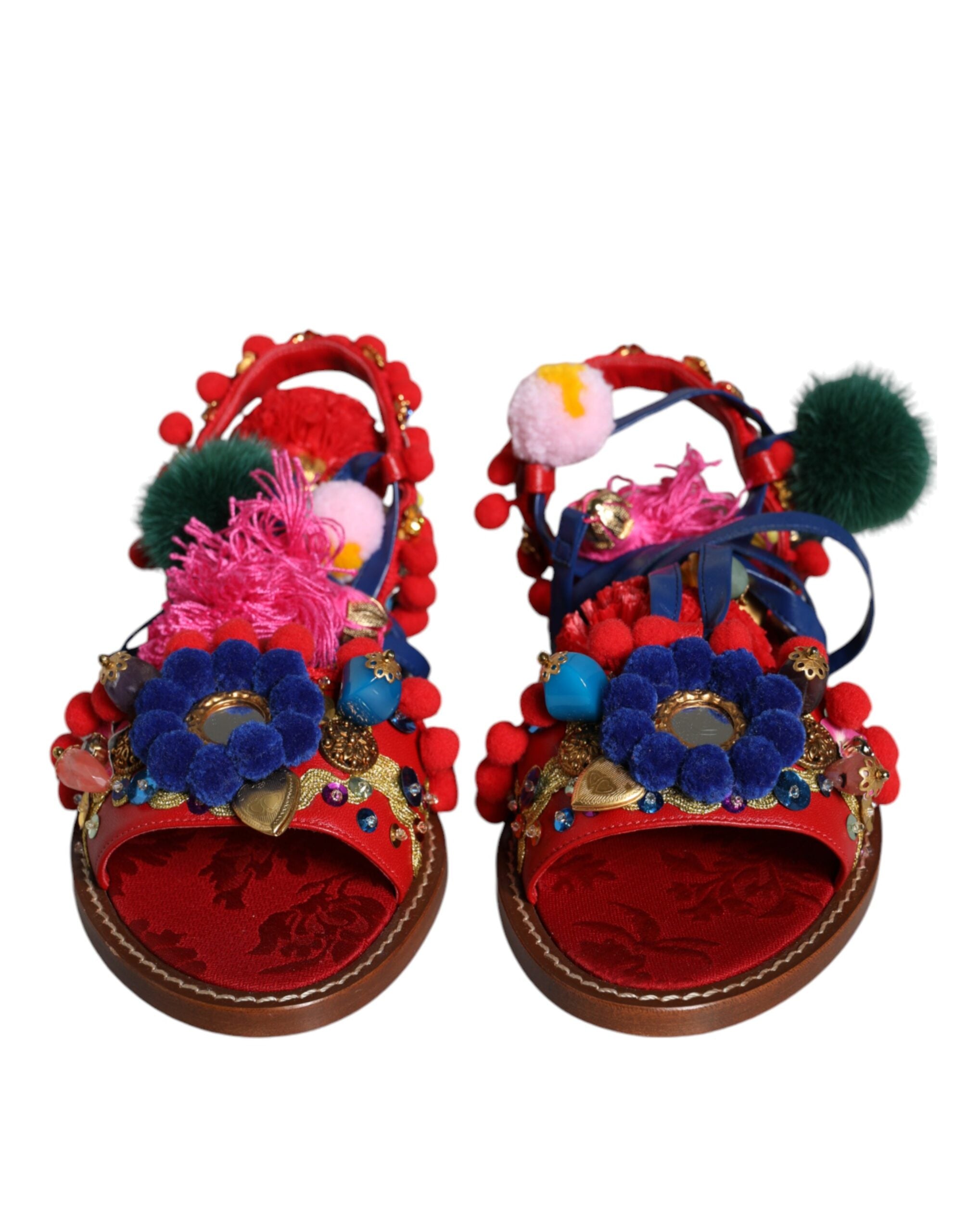 Dolce & Gabbana Multicolor Pom Pom Fur Wrap Sandals Women's Shoes