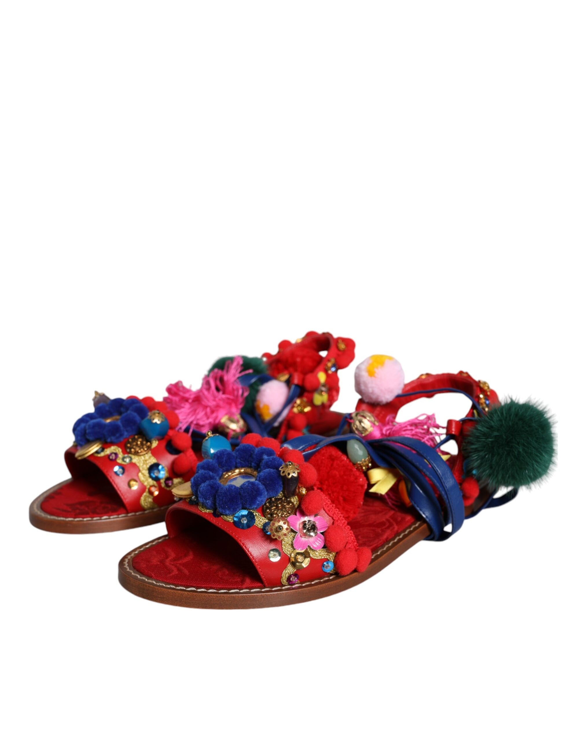 Dolce & Gabbana Multicolor Pom Pom Fur Wrap Sandals Women's Shoes