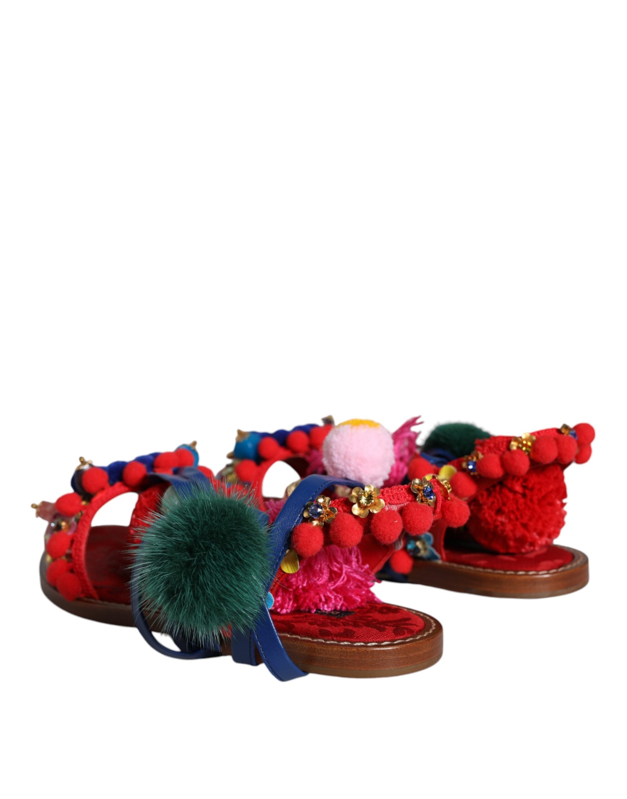 Dolce & Gabbana Multicolor Pom Pom Fur Wrap Sandals Women's Shoes