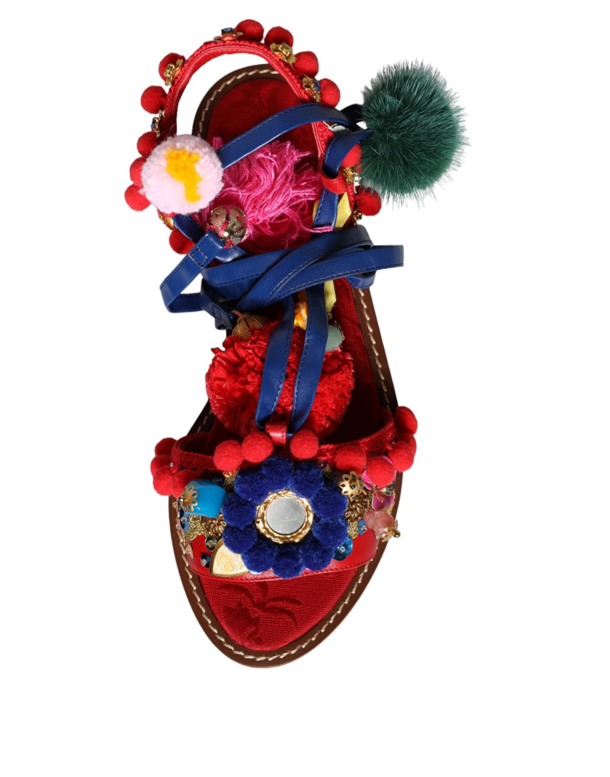 Dolce & Gabbana Multicolor Pom Pom Fur Wrap Sandals Women's Shoes