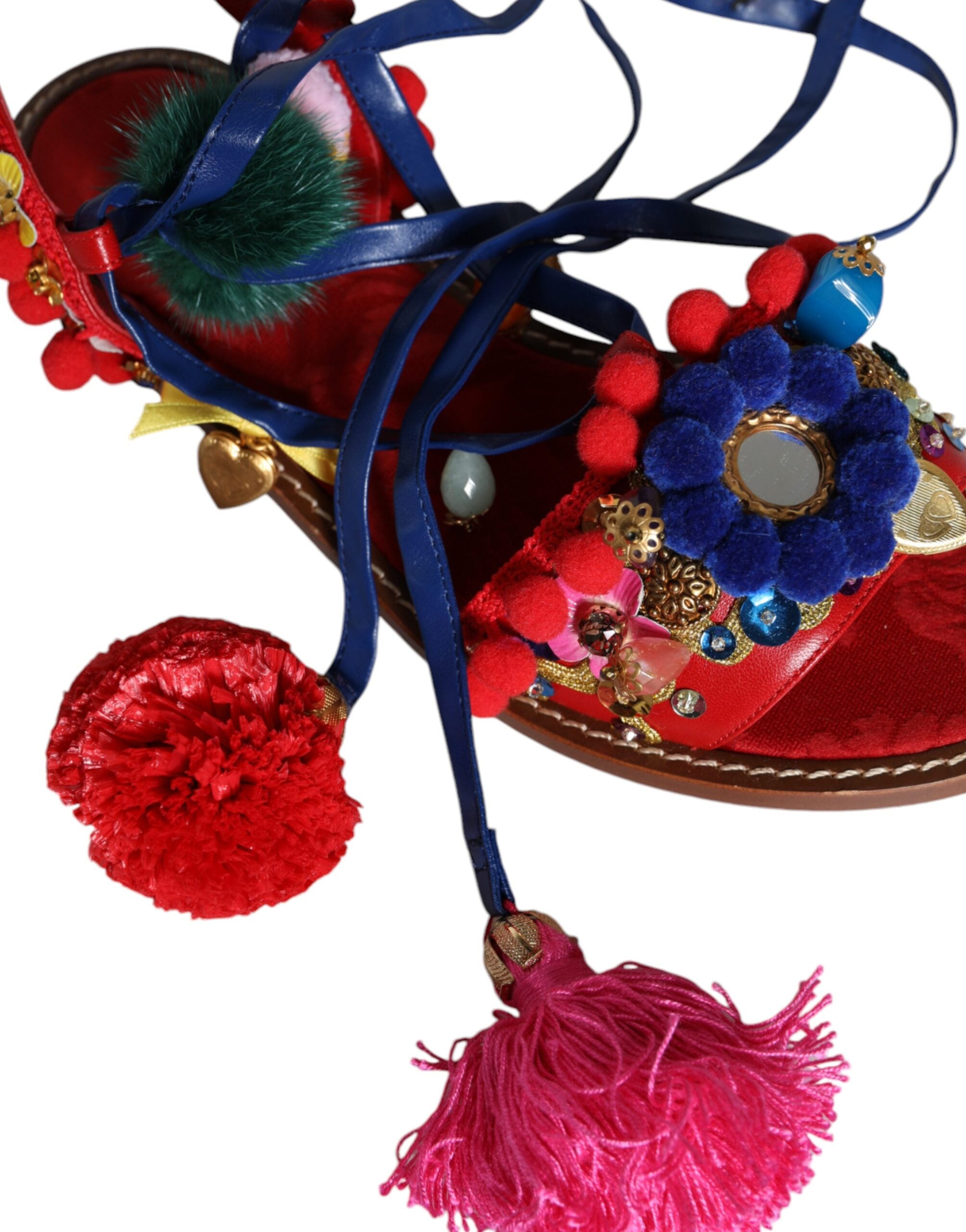 Dolce & Gabbana Multicolor Pom Pom Fur Wrap Sandals Women's Shoes