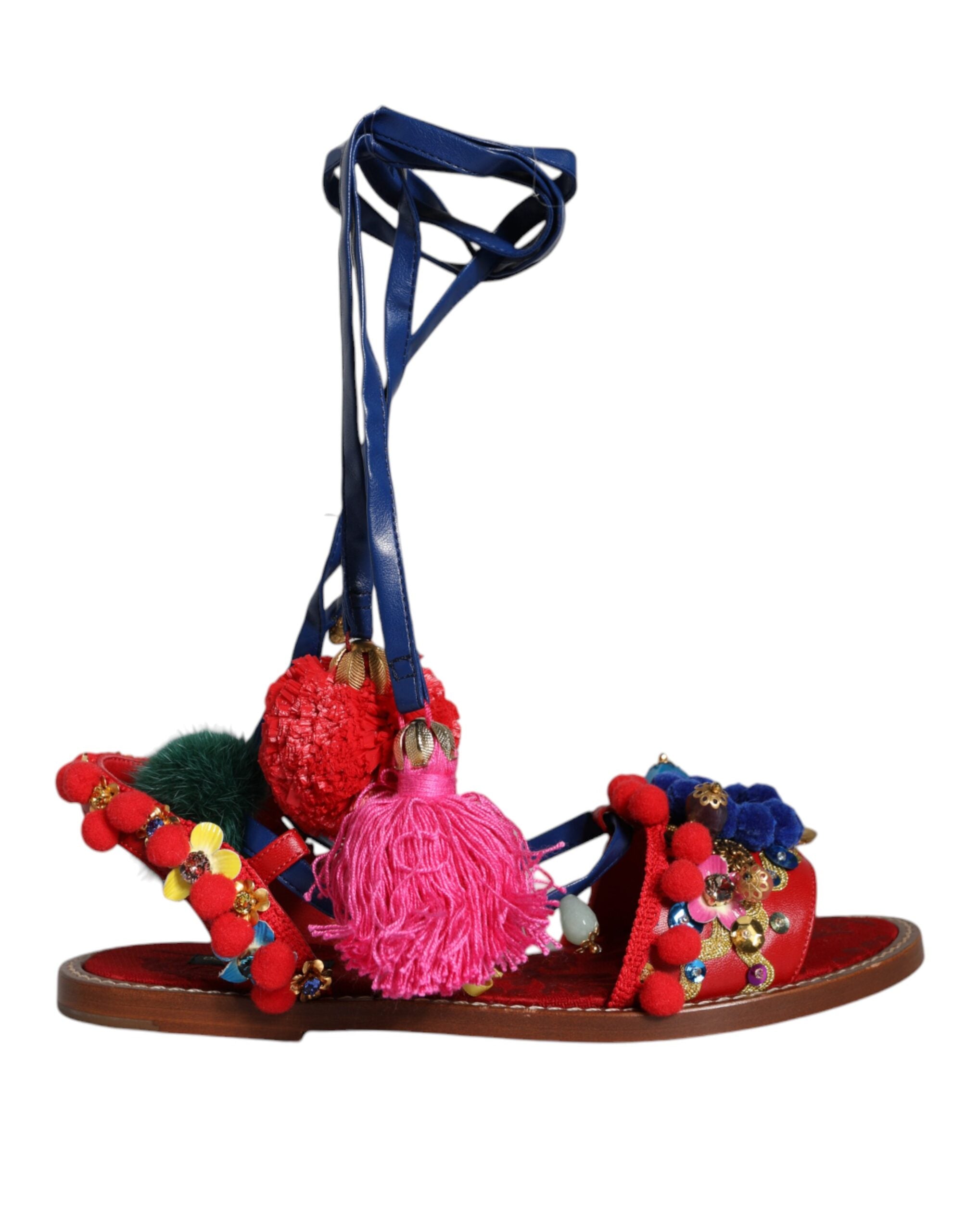Dolce & Gabbana Multicolor Pom Pom Fur Wrap Sandals Women's Shoes