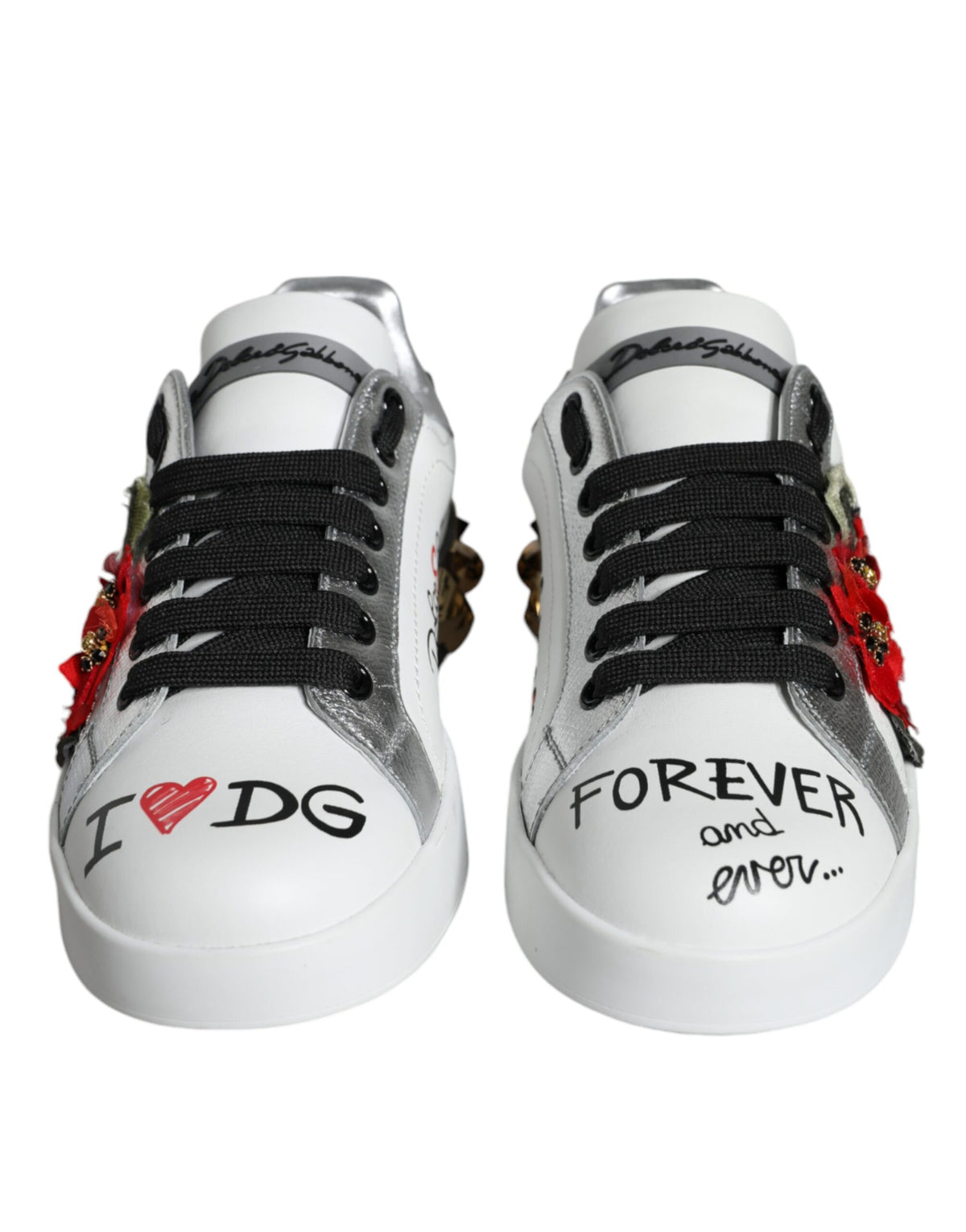 Dolce & Gabbana White Leather Floral Studded Sneakers Women's Shoes