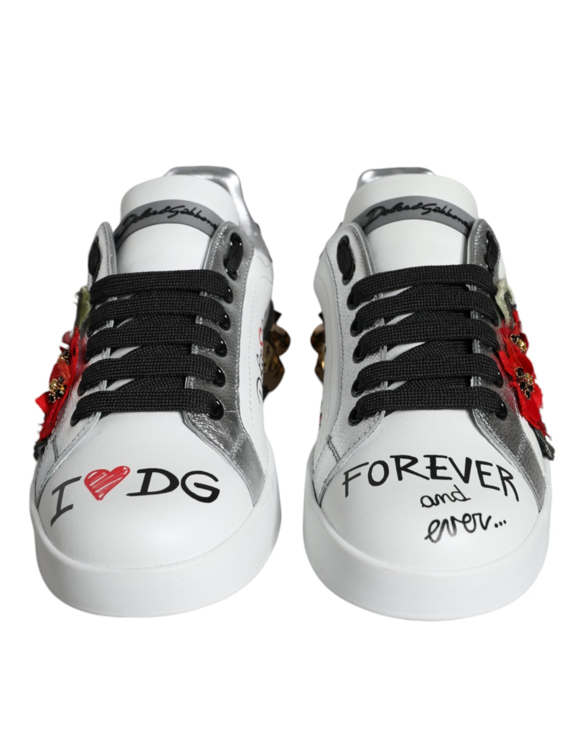 Dolce & Gabbana White Leather Floral Studded Sneakers Women's Shoes