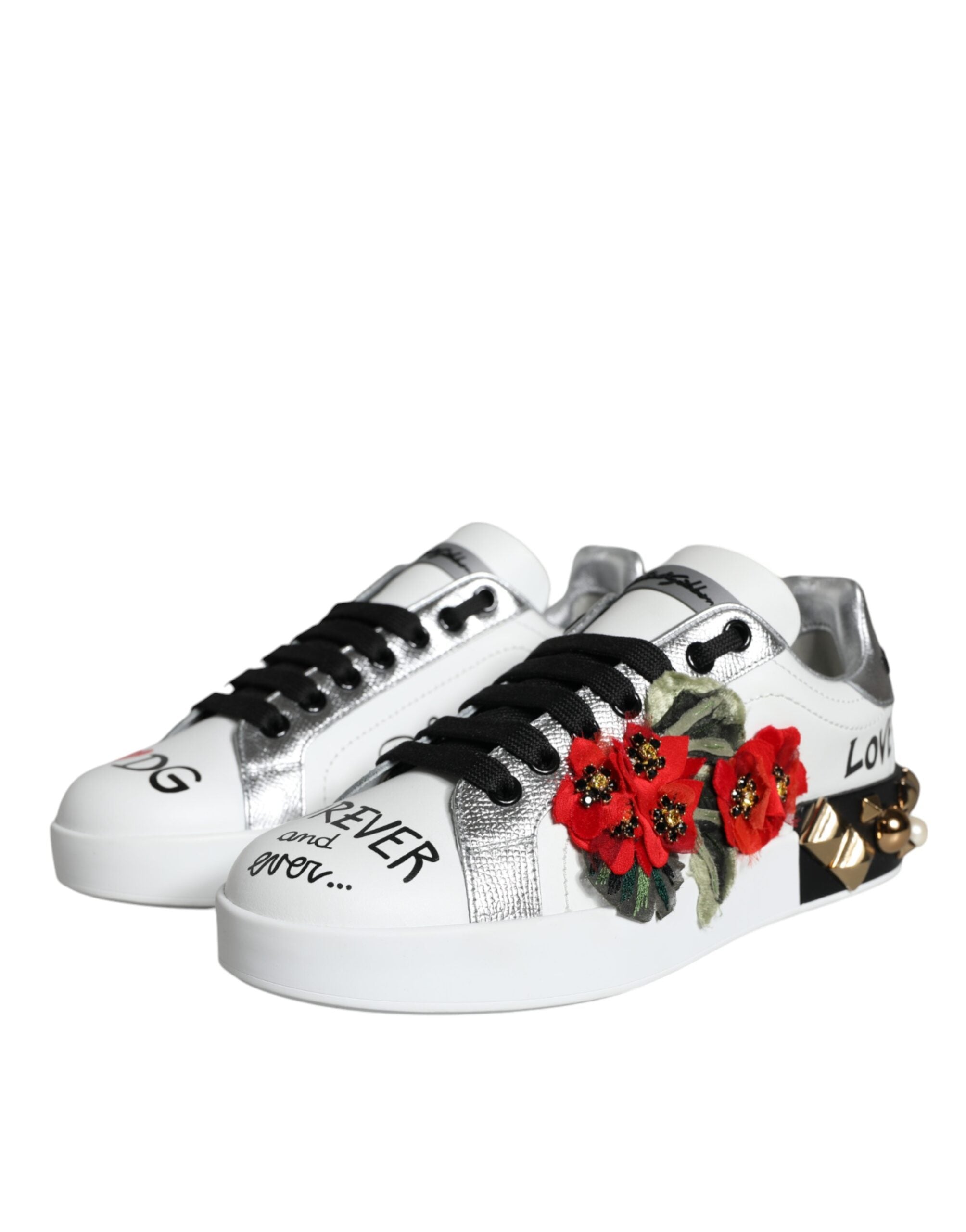 Dolce & Gabbana White Leather Floral Studded Sneakers Women's Shoes