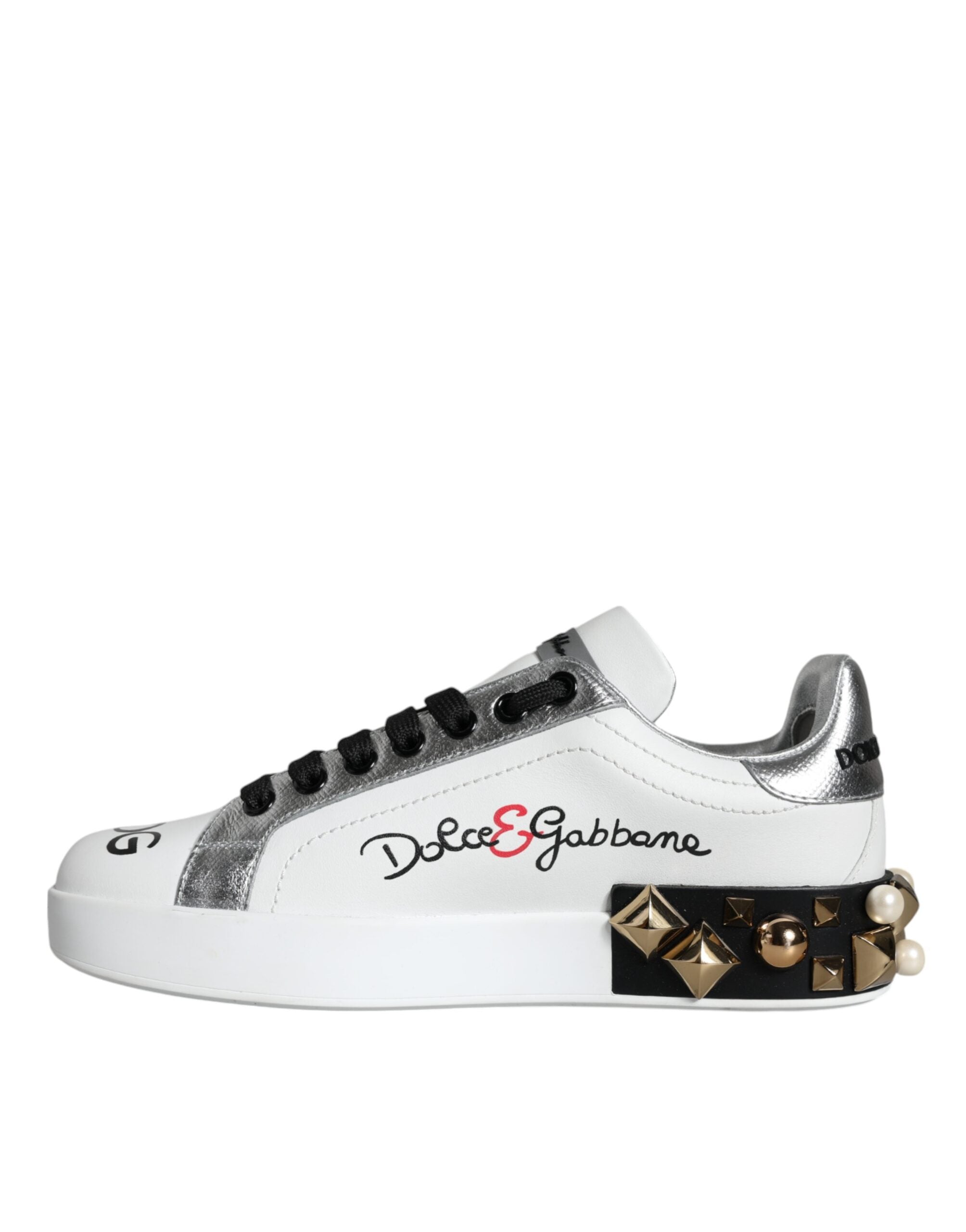 Dolce & Gabbana White Leather Floral Studded Sneakers Women's Shoes