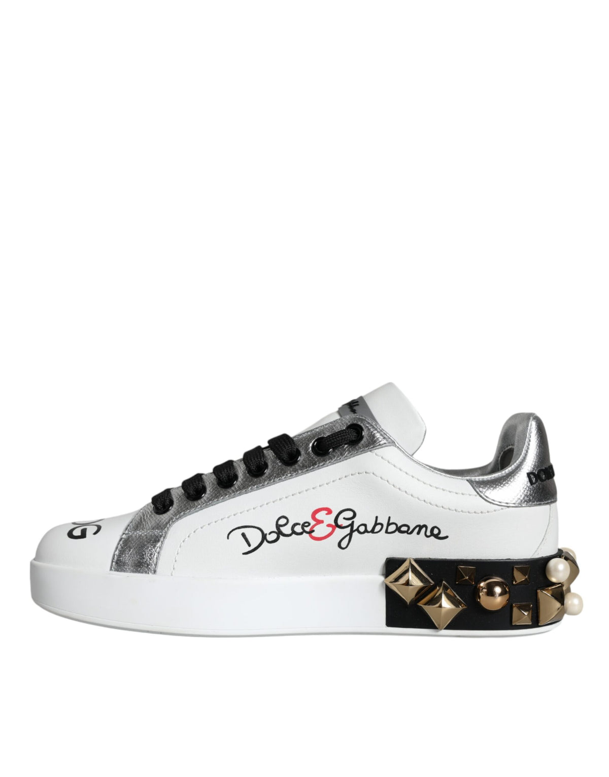 Dolce & Gabbana White Leather Floral Studded Sneakers Women's Shoes