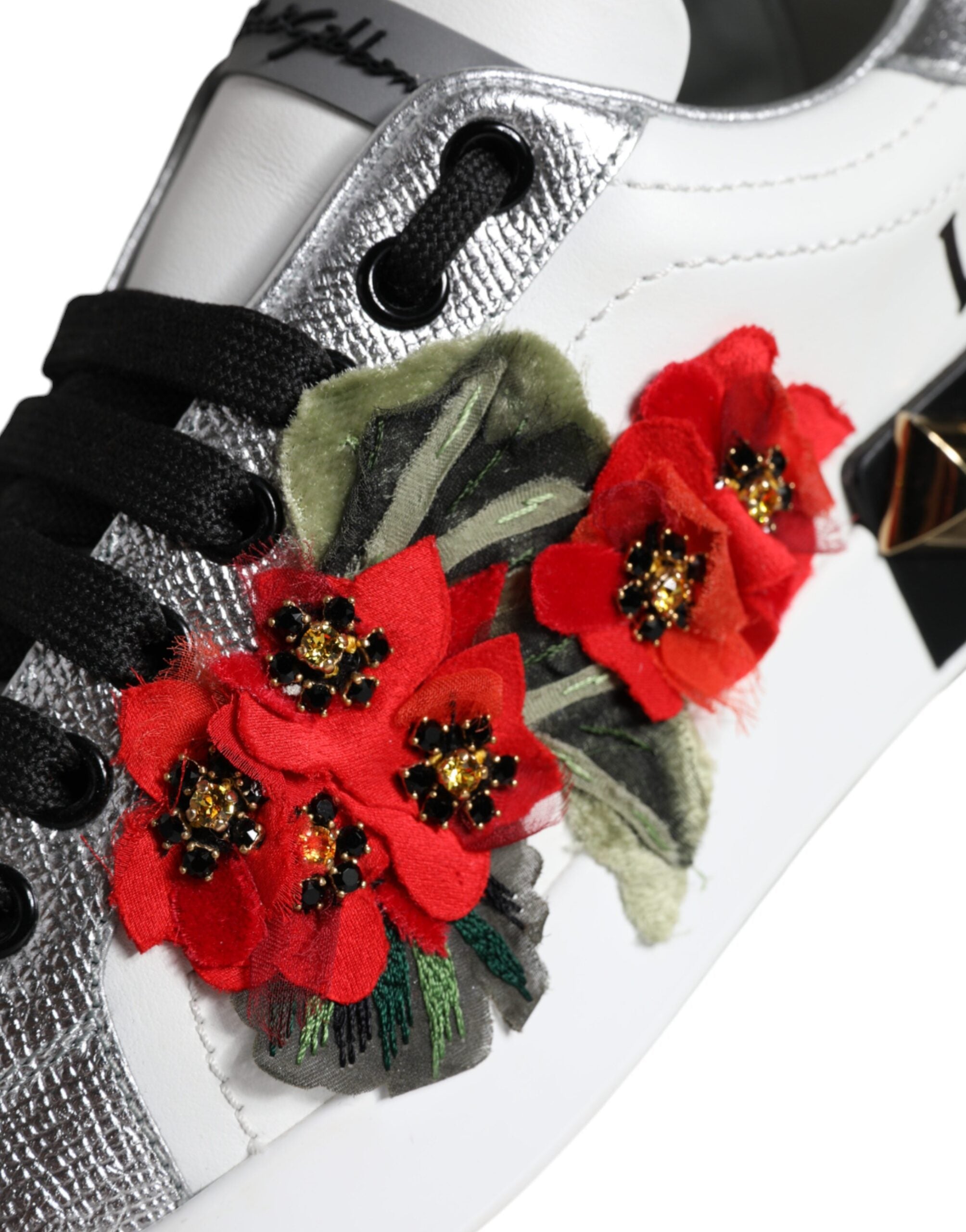 Dolce & Gabbana White Leather Floral Studded Sneakers Women's Shoes