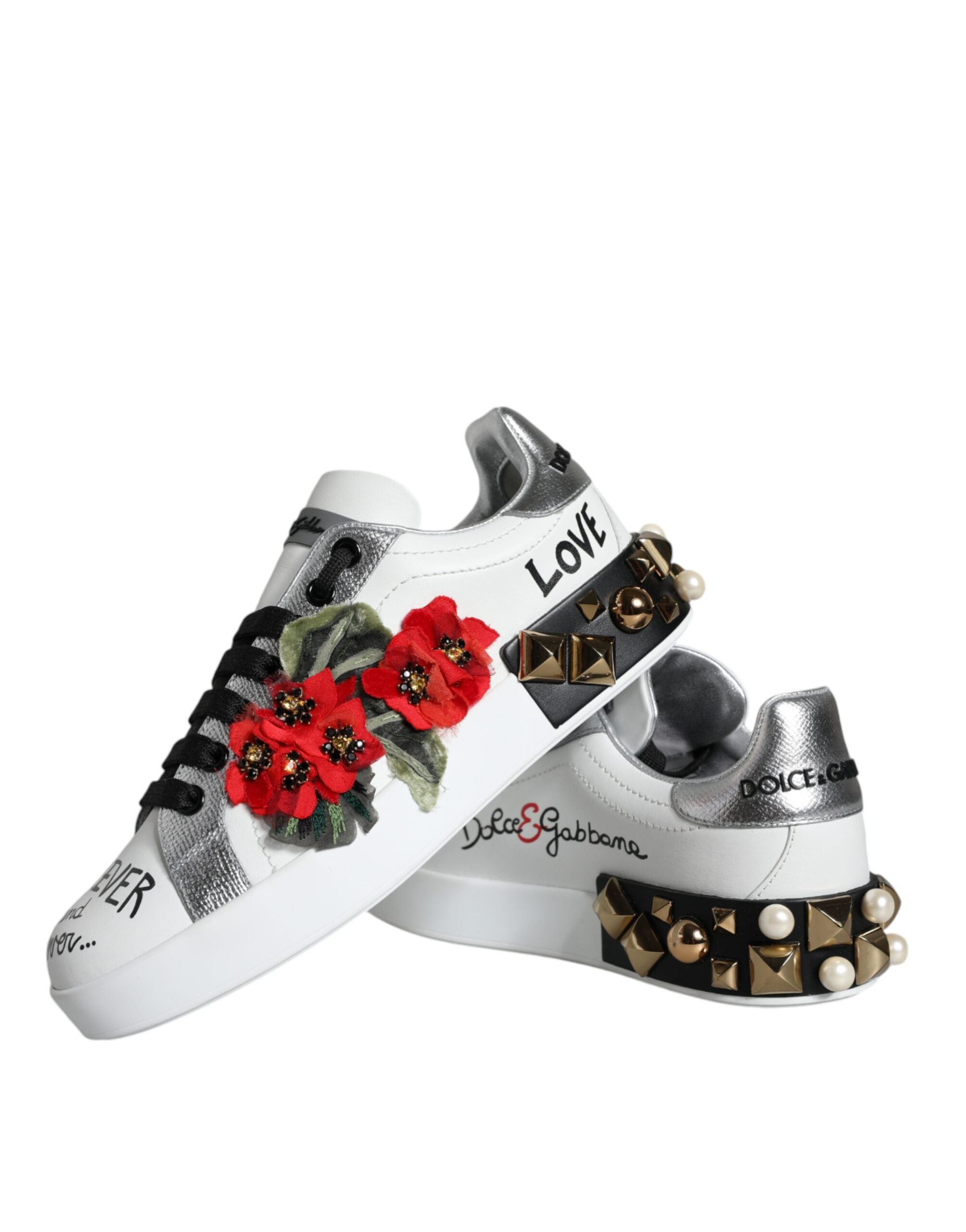 Dolce & Gabbana White Leather Floral Studded Sneakers Women's Shoes