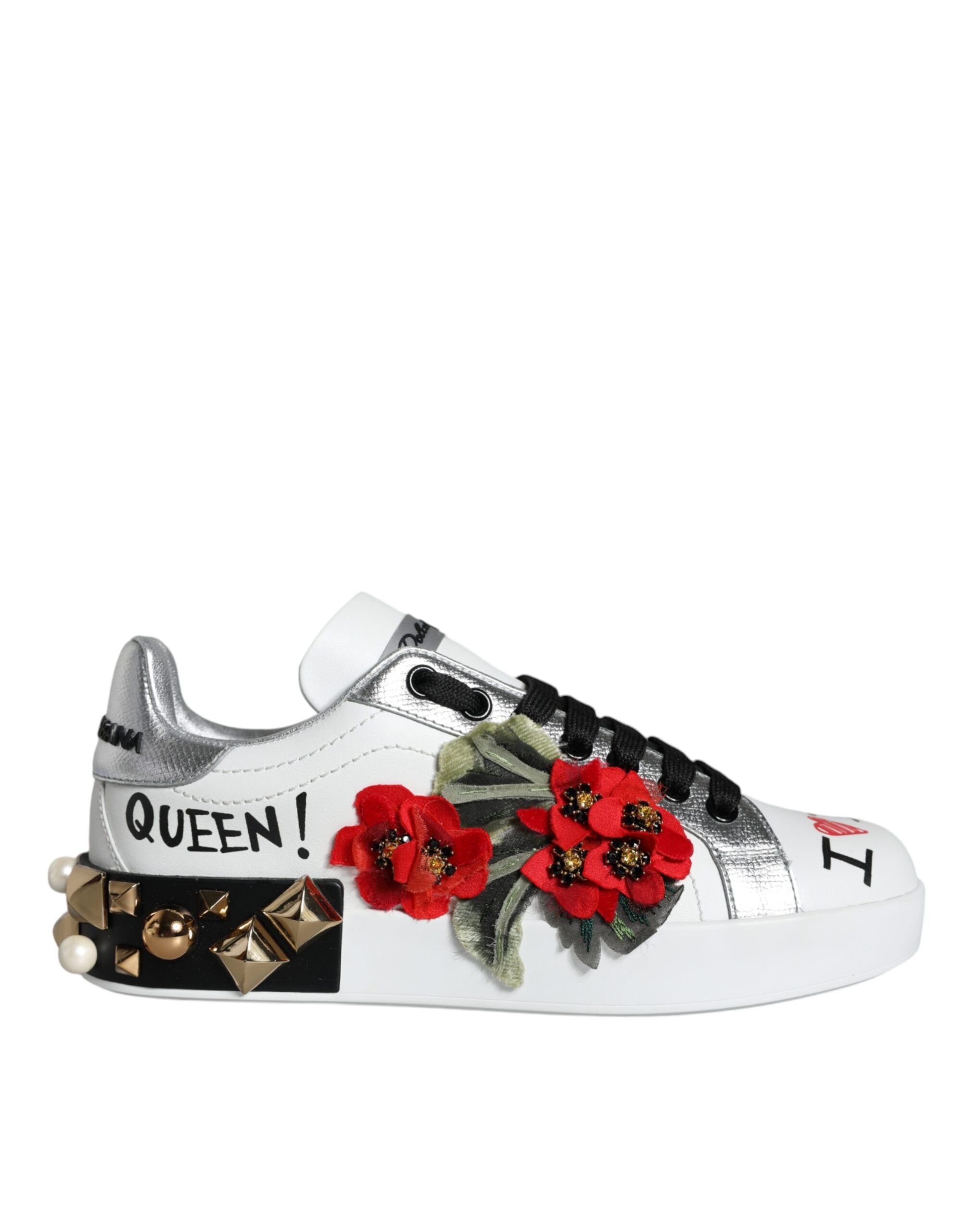 Dolce & Gabbana White Leather Floral Studded Sneakers Women's Shoes