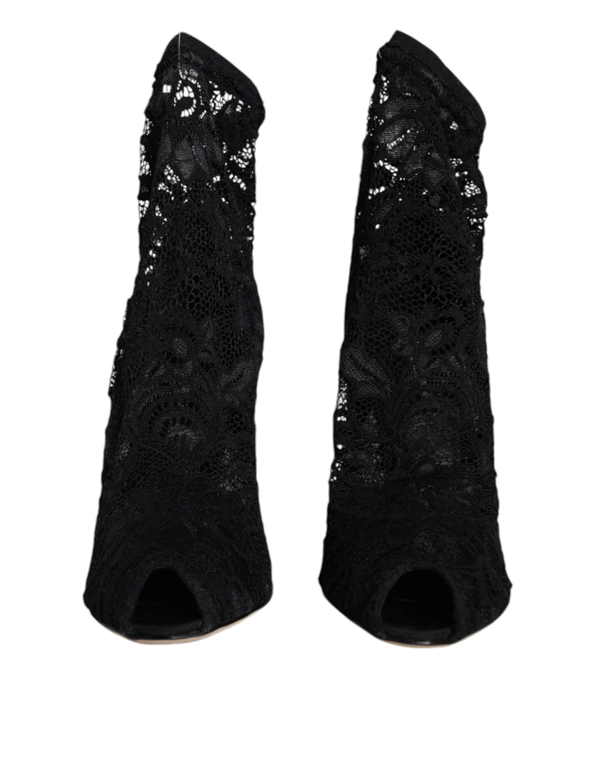 Dolce & Gabbana Black Lace Stretch Heels Mid Calf Boot Women's Shoes