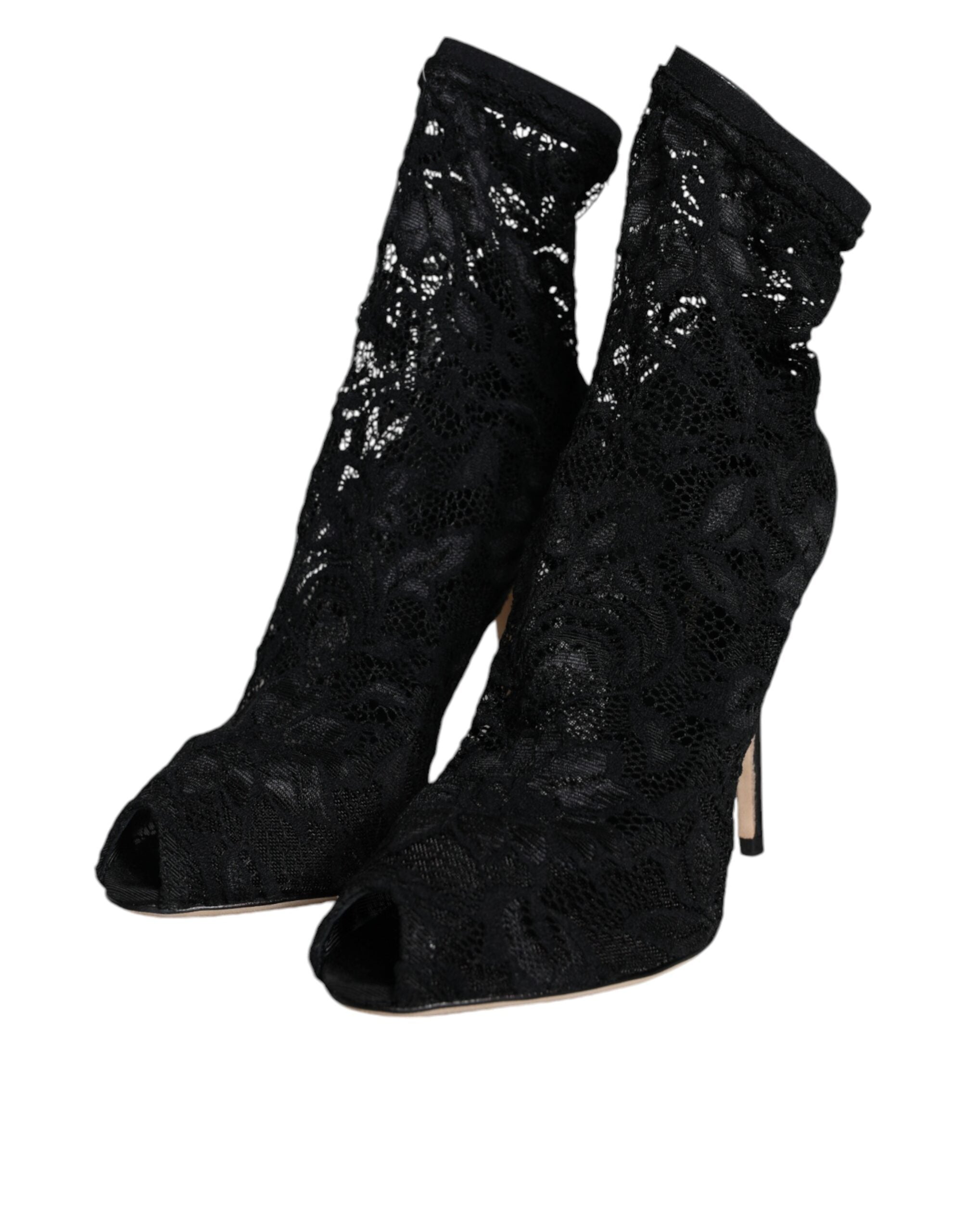 Dolce & Gabbana Black Lace Stretch Heels Mid Calf Boot Women's Shoes