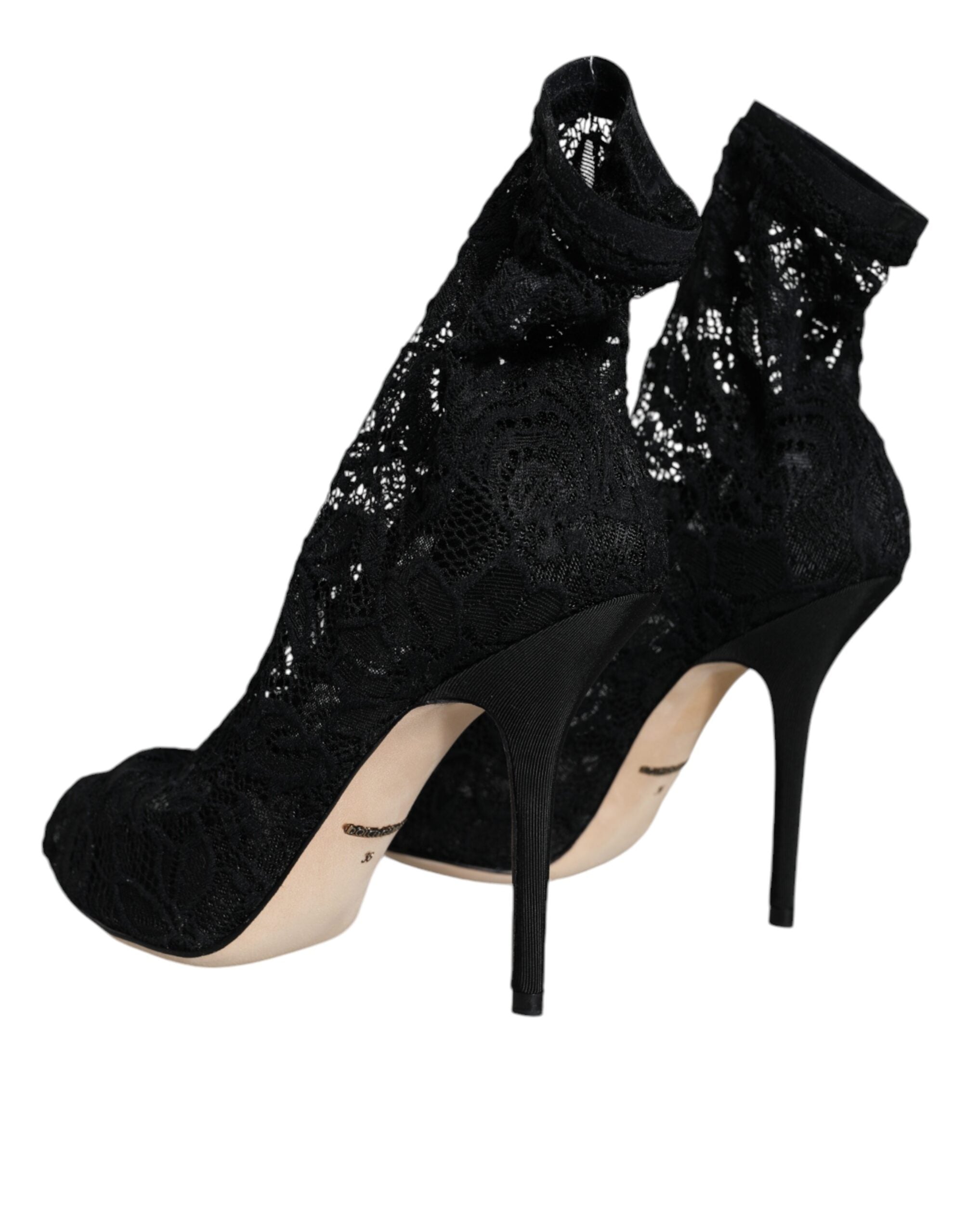 Dolce & Gabbana Black Lace Stretch Heels Mid Calf Boot Women's Shoes
