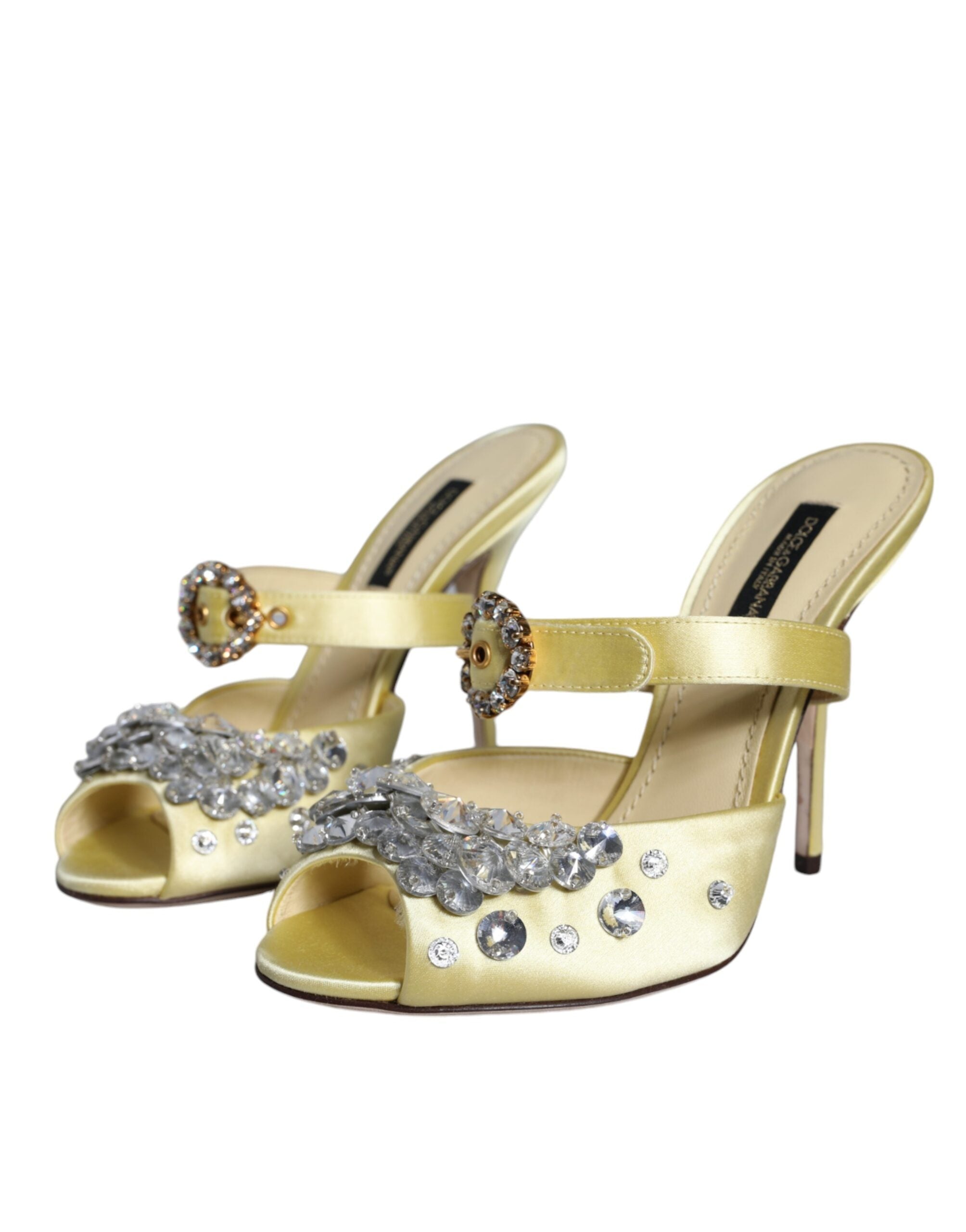Dolce & Gabbana Yellow Mary Janes Satin Crystal Sandals Women's Shoes