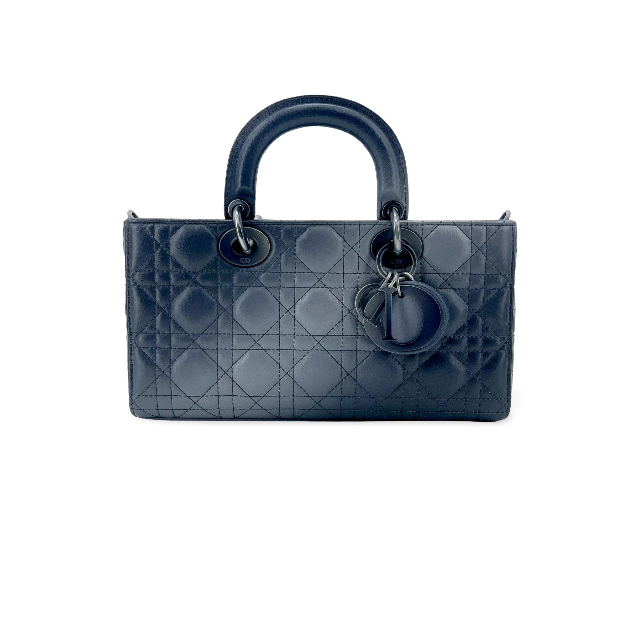 Christian Dior Lady D-Joy Cannage Quilt Lambskin Navy Leather Handbag (Pre-Owned)