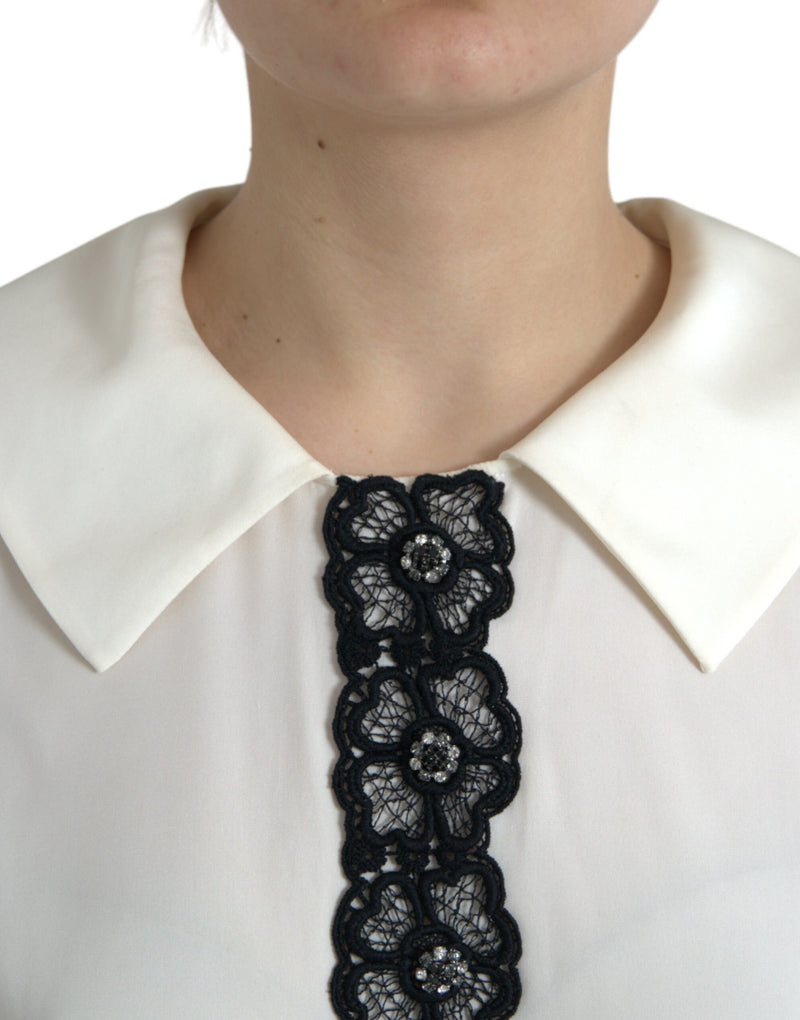 Dolce & Gabbana Elegant Off-White Lace-Trim Silk Women's Blouse