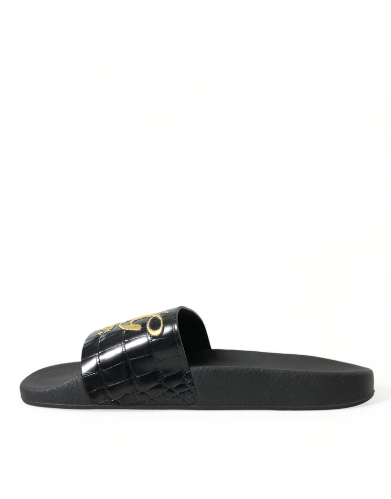 Dolce & Gabbana Elegant Black and Gold Leather Women's Slides