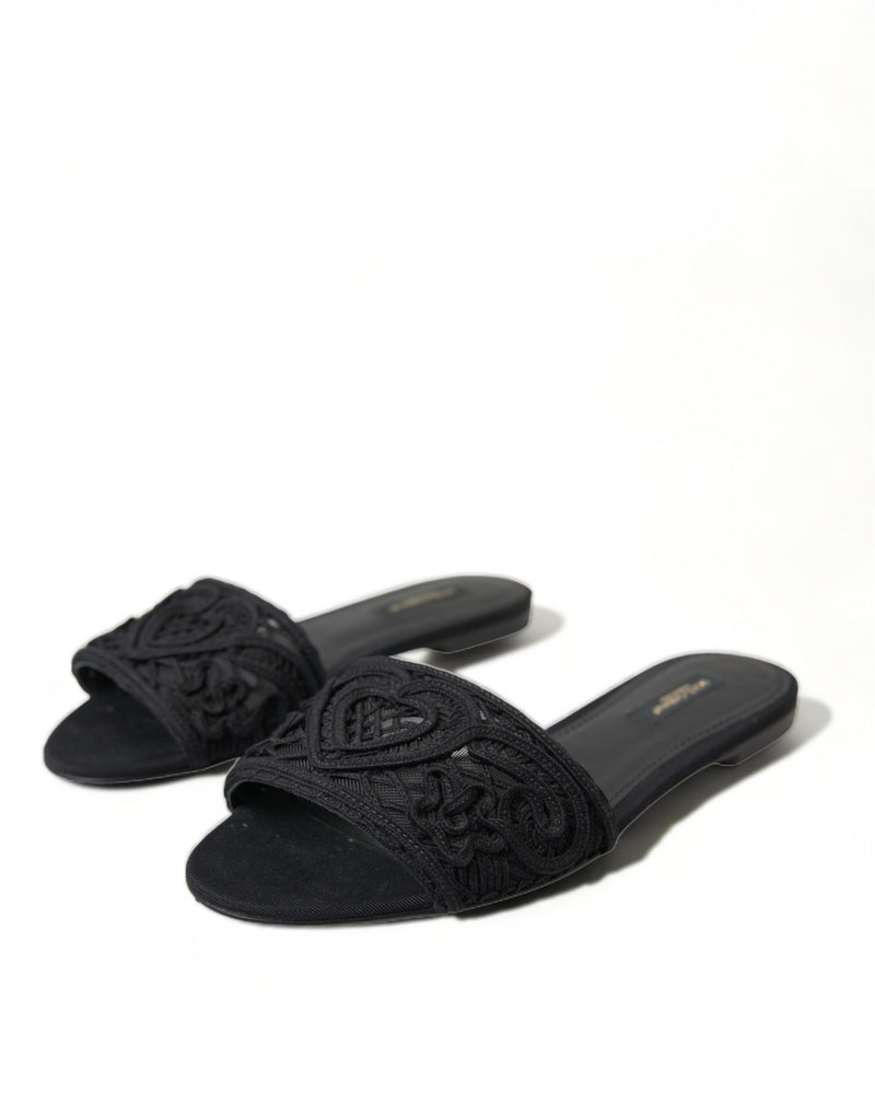 Dolce & Gabbana Elegant Black Heart Embroidery Slide Women's Sandals