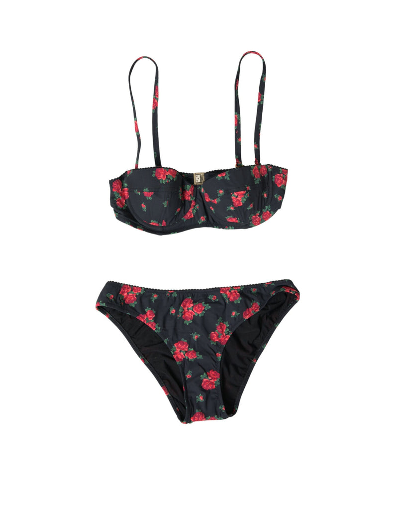 Dolce & Gabbana Black Red Roses Two Piece Swimwear Women's Bikini