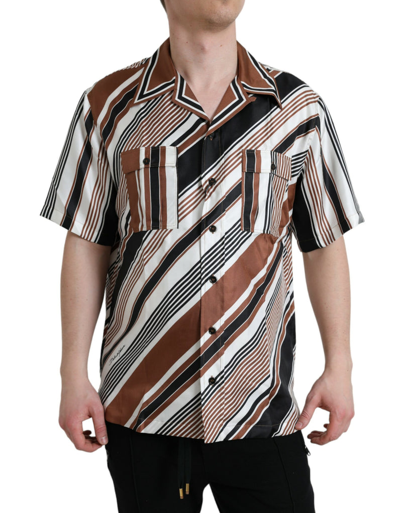 Dolce & Gabbana Brown White Silk Striped Short Sleeve Men's Shirt
