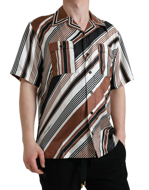 Dolce & Gabbana Brown White Silk Striped Short Sleeve Men's Shirt