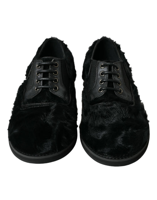 Dolce & Gabbana Elegant Black Fur Derby Dress Shoes for Men's Men