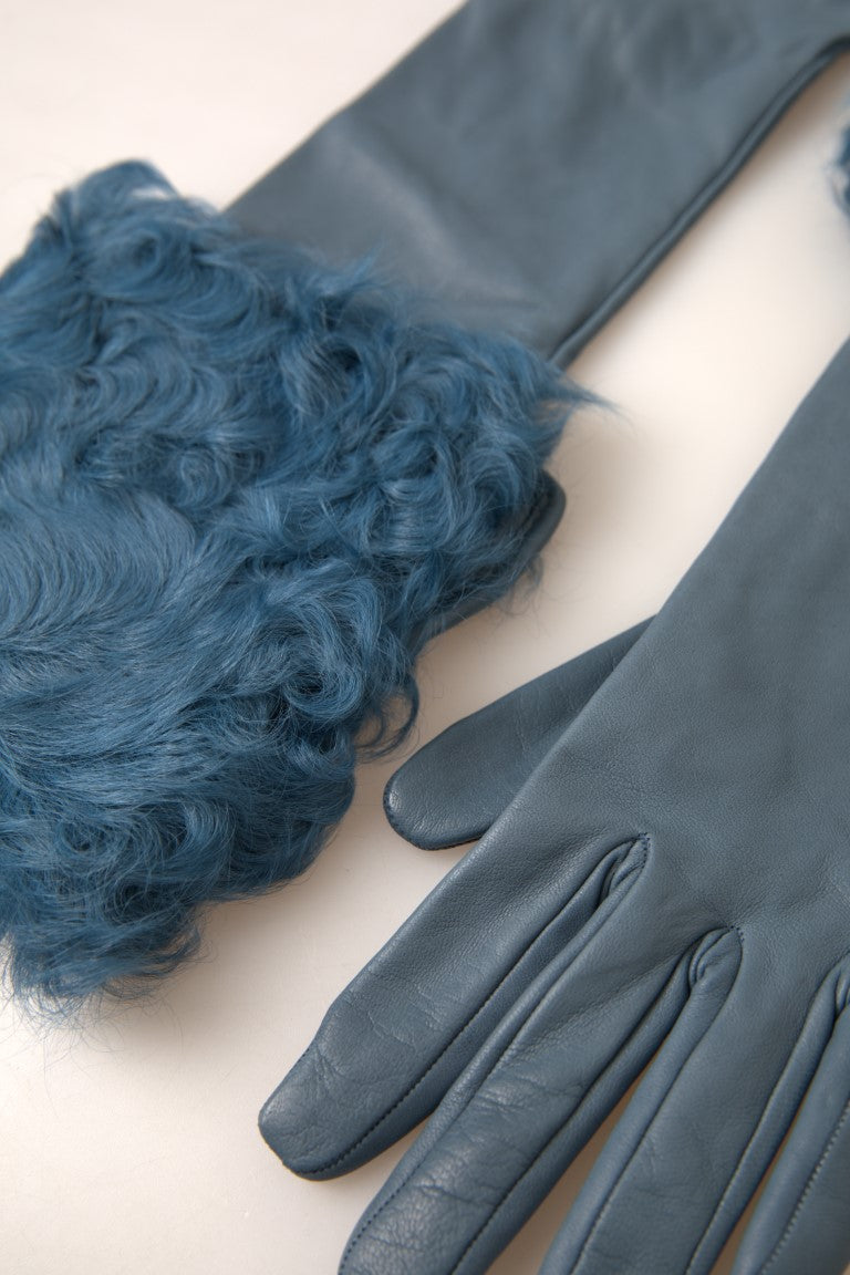 Dolce & Gabbana Elegant Blue Leather Gloves with Fur Women's Trim